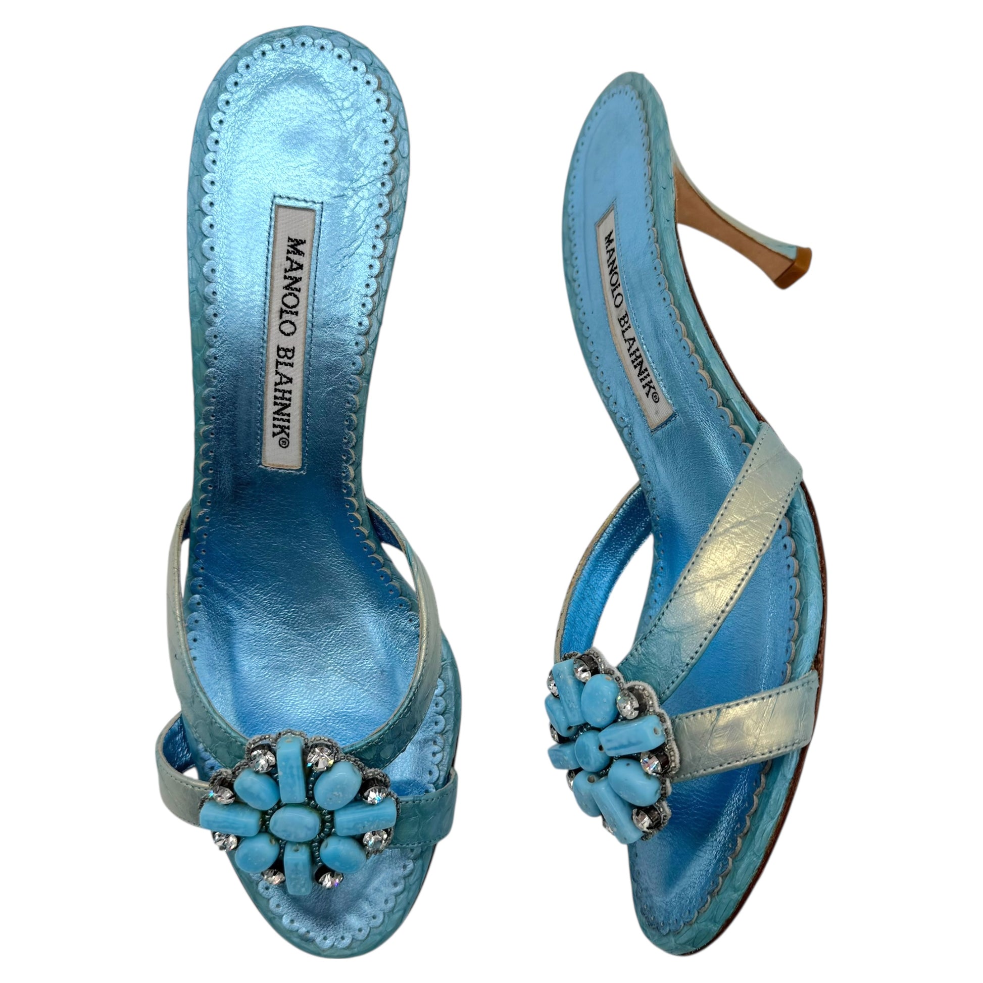 Manolo Blahnik Blue Beaded Kitten Heel Mule Sandals - Outfit Repeater