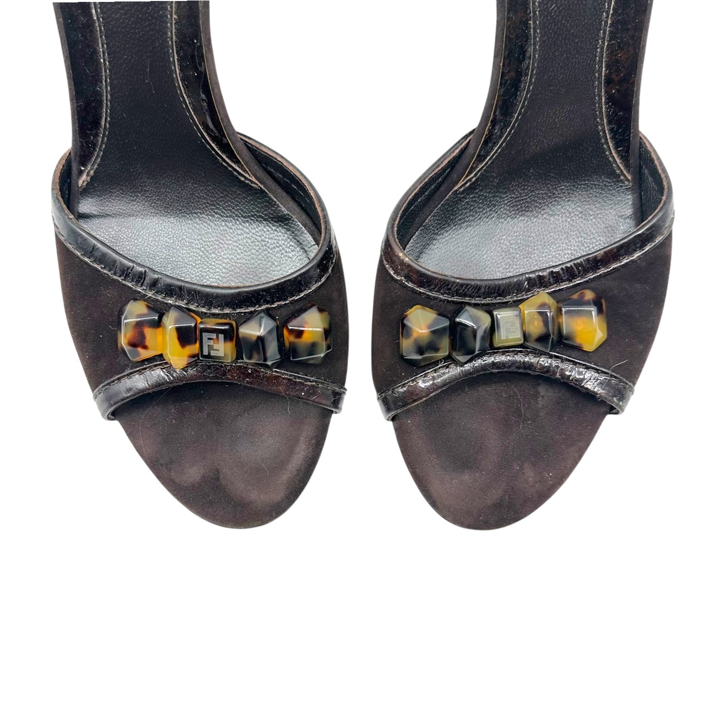 Fendi Brown Suede Tortoise Bead Embellished Kitten Heel Mules