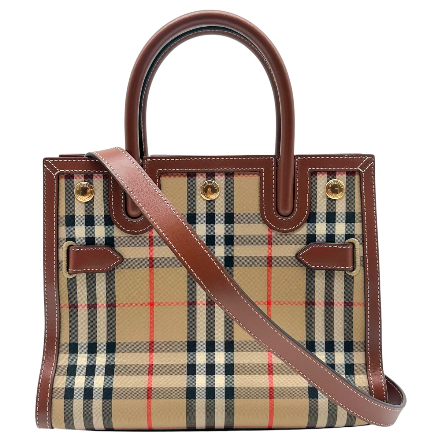 Burberry Top Handle Bag Nova Check Plaid Brown Leather