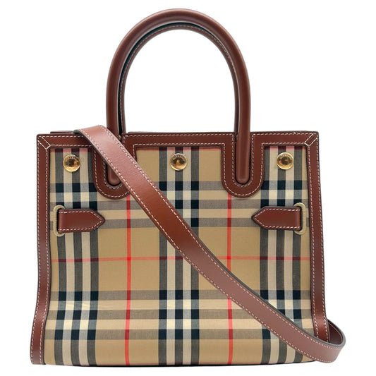 Burberry Top Handle Bag Nova Check Plaid Brown Leather