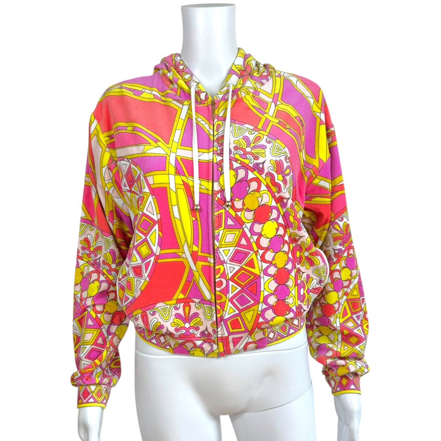 Emilio Pucci Bright Pink & Yellow Printed Cropped Velour Zip-Up Hoodie