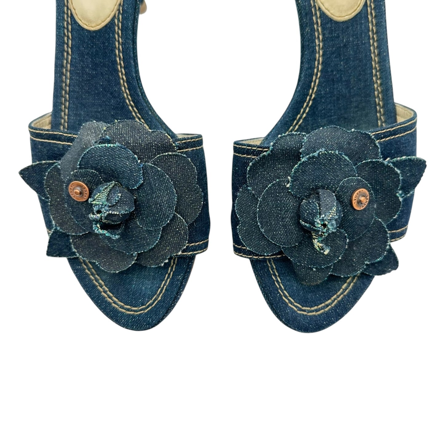 Chanel Denim Camellia Flower Mule Heels - Outfit Repeater