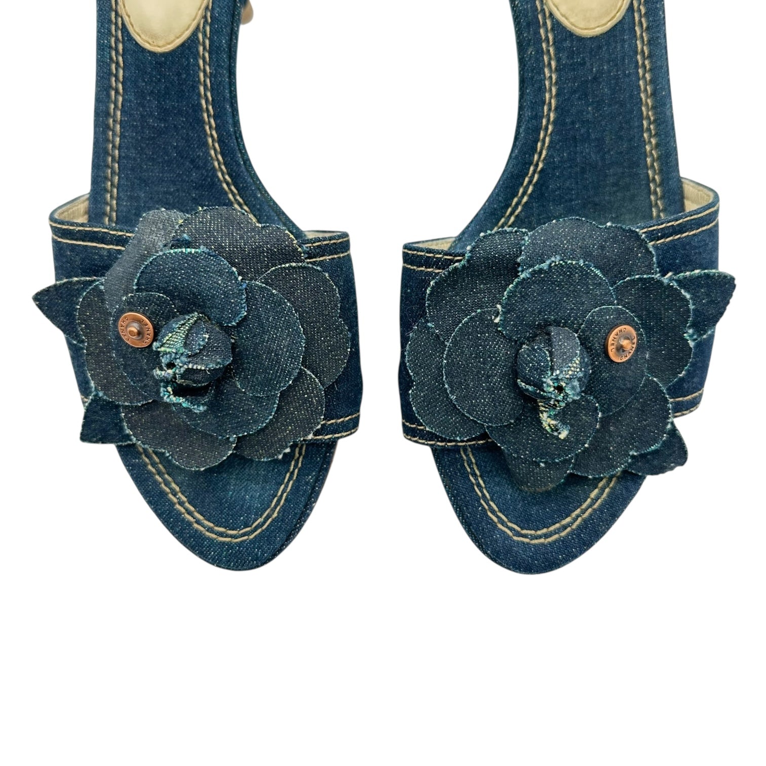 Chanel Denim Camellia Flower Mule Heels - Outfit Repeater