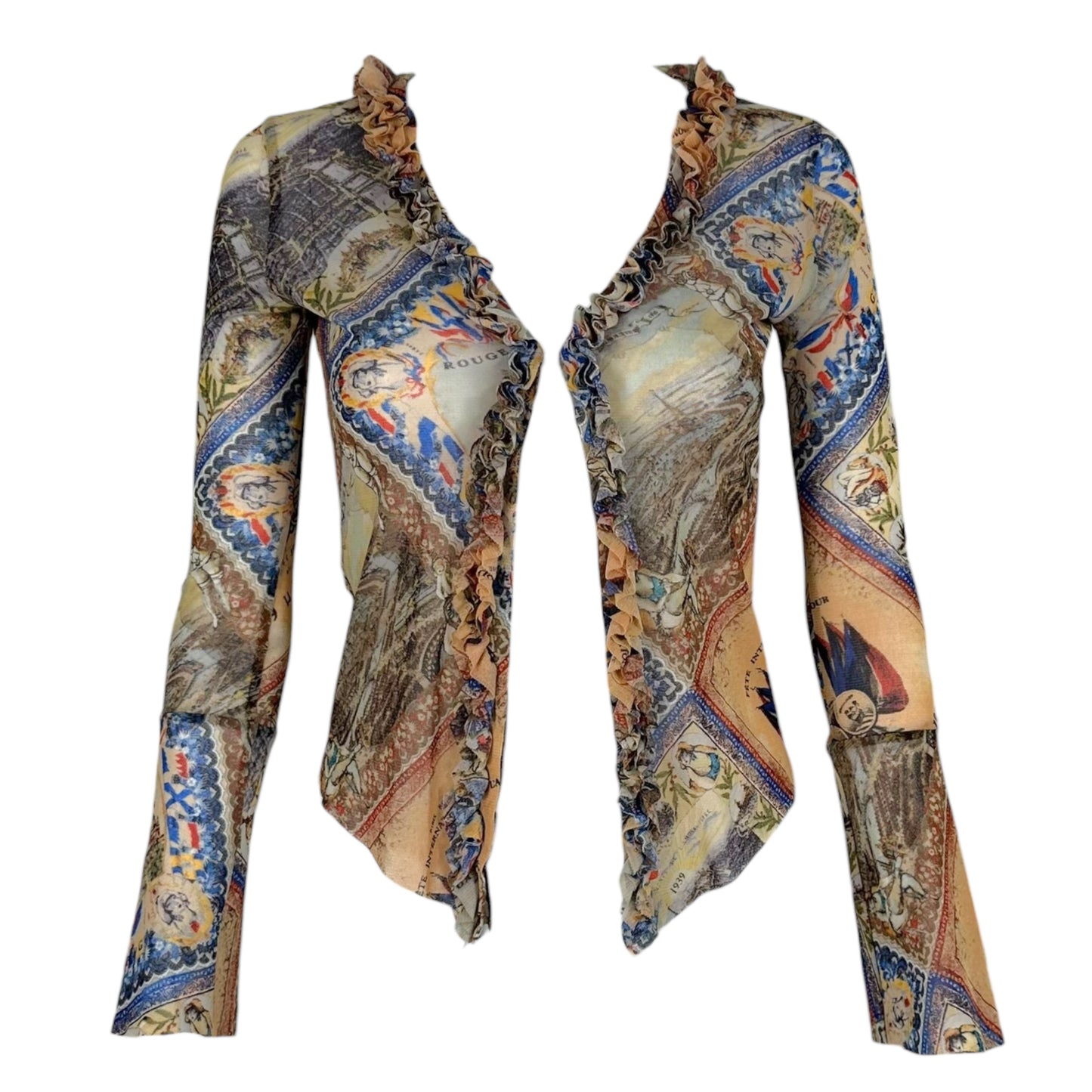 Jean Paul Gaultier Postcard Print Mesh Ruffle Trim Blouse