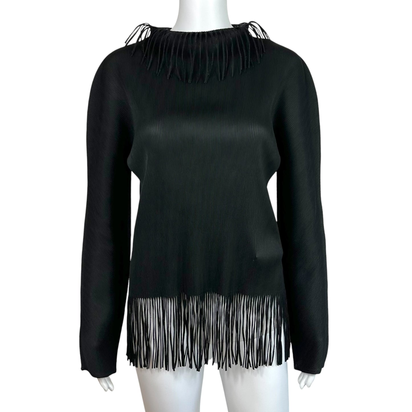 Issey Miyake Pleats Please Black Fringe Trim Pleated Longsleeve Blouse
