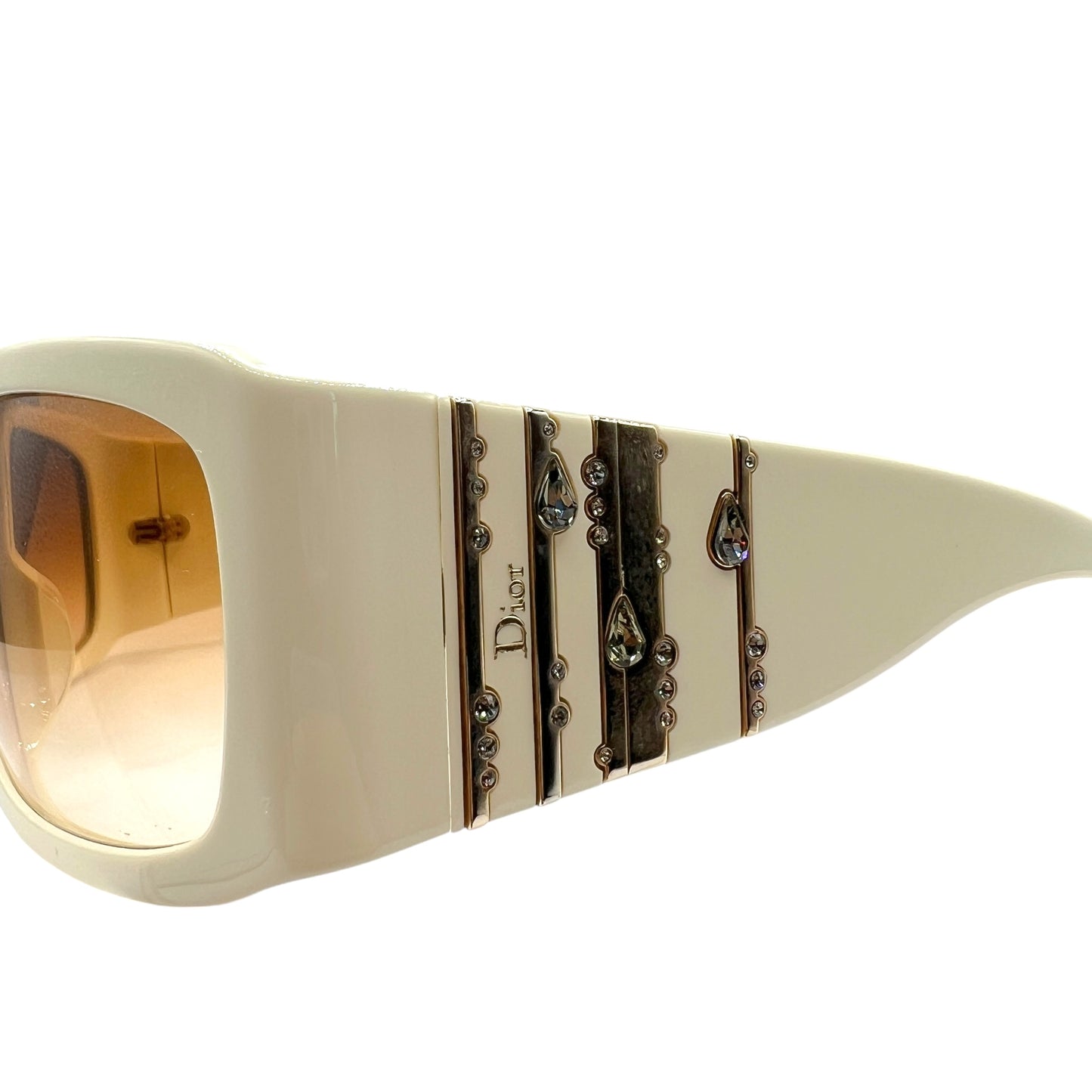 Christian Dior DiorRain1 Ivory & Gold Crystal Embellished Oversized Sunglasses w/ Case & Box