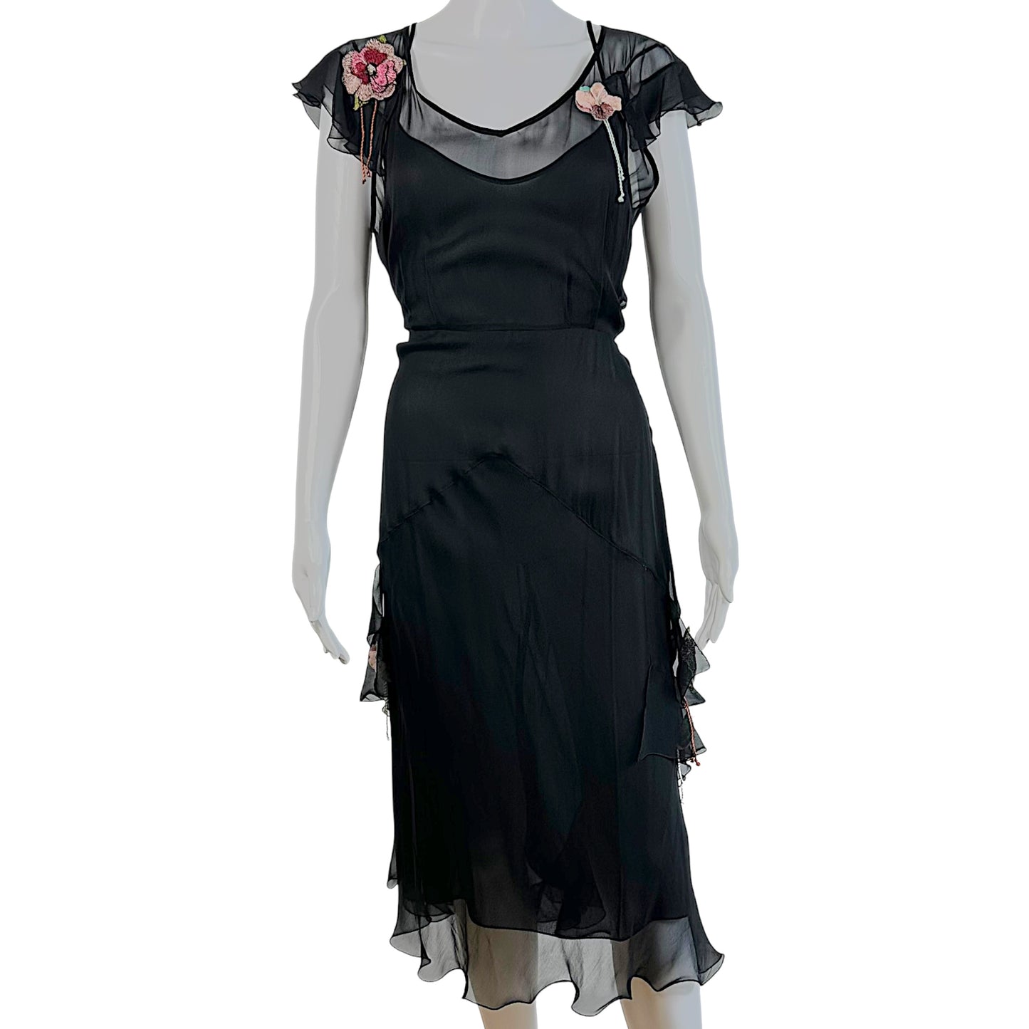 Blumarine Black Silk Floral Embellished Midi Dress