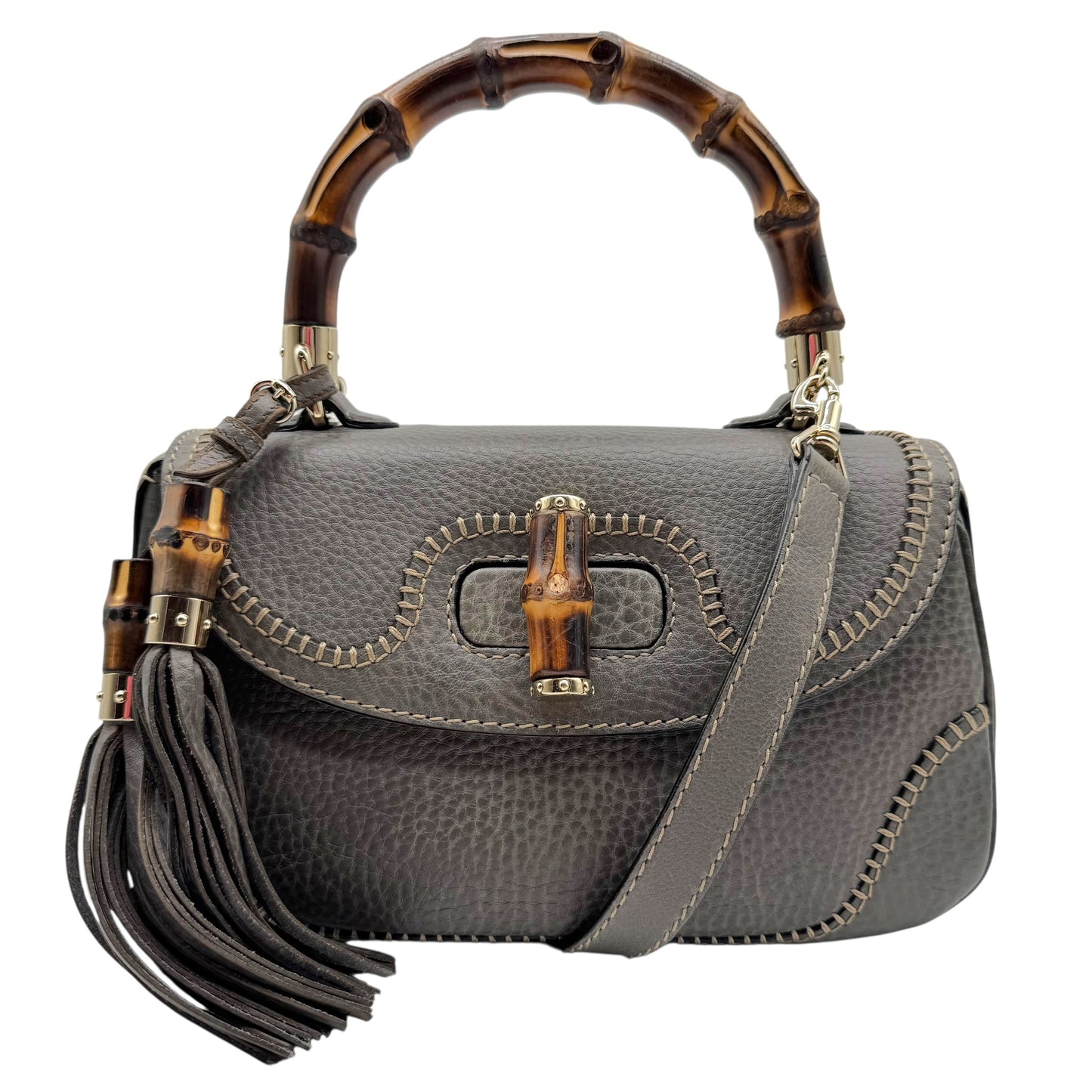 Gucci Gray Leather Bamboo Top Handle 2-Way Bag