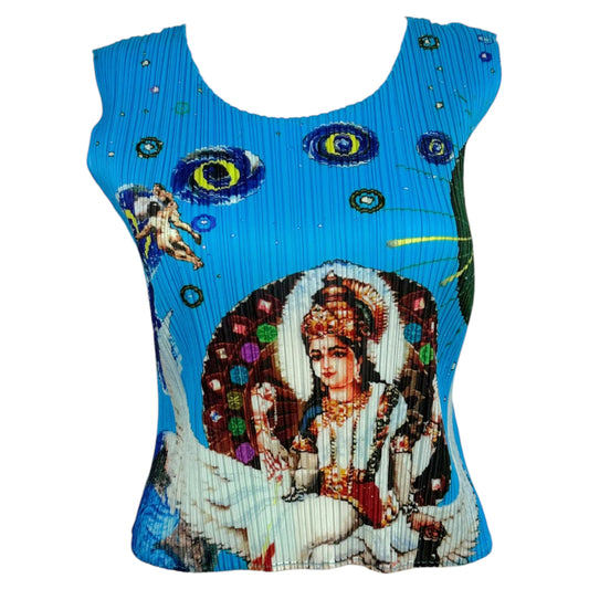 Issey Miyake Pleats Please Blue Printed Pleated Tank