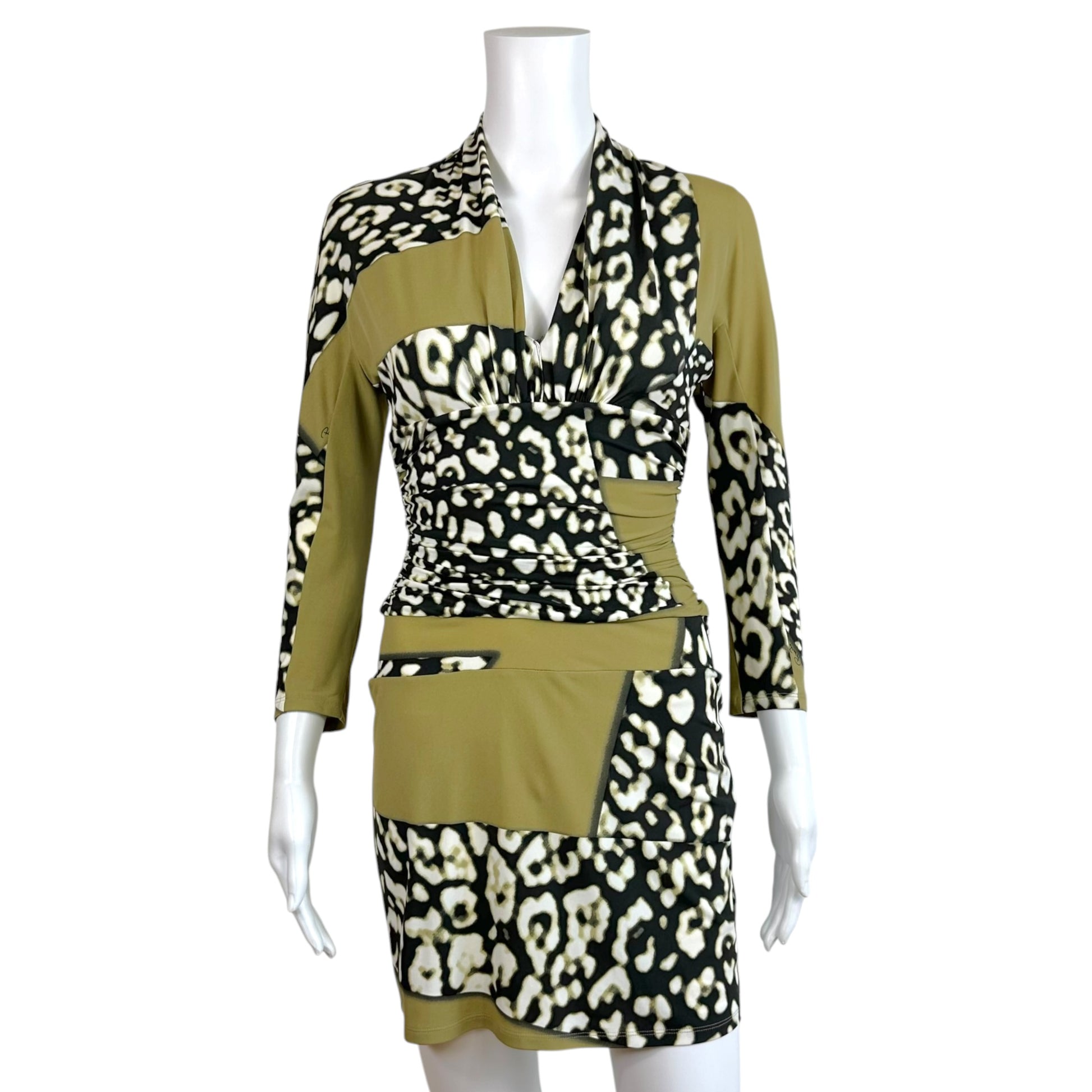 Roberto Cavalli Khaki Green Leopard Print Mini Dress