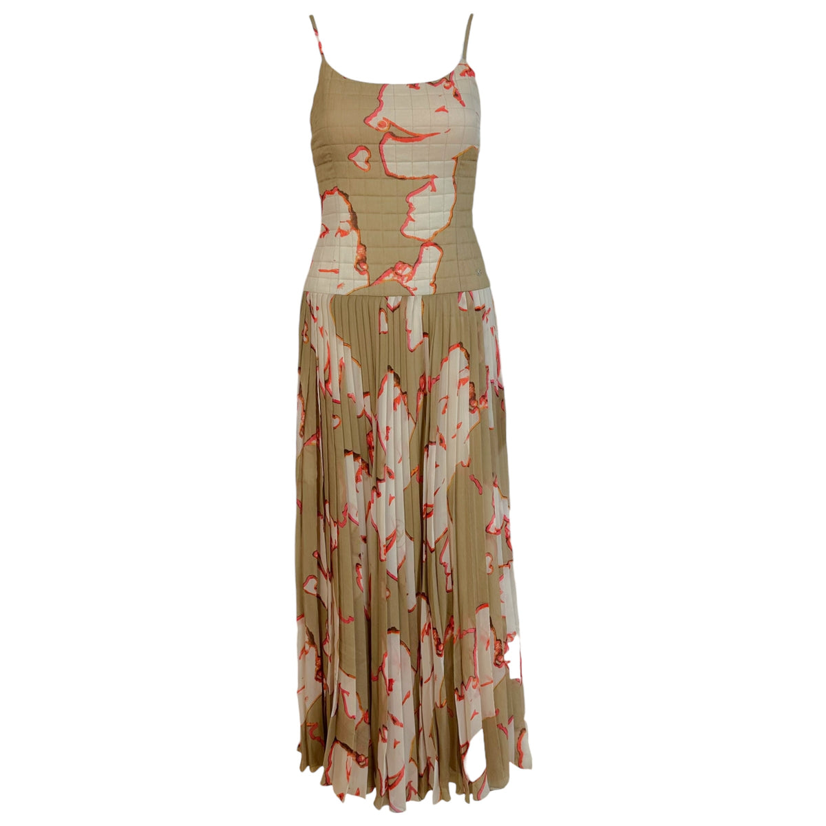 Chanel Silk Pleated Maxi Dress Taupe Face Print