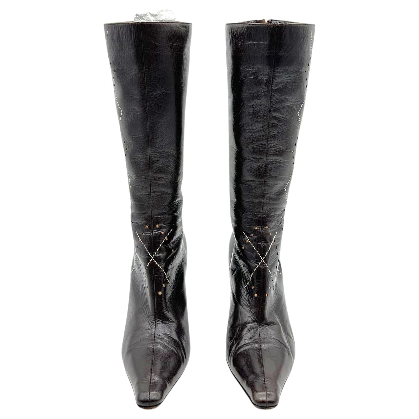 Jimmy Choo Brown Argyle Embroidered Pointed Toe Boots