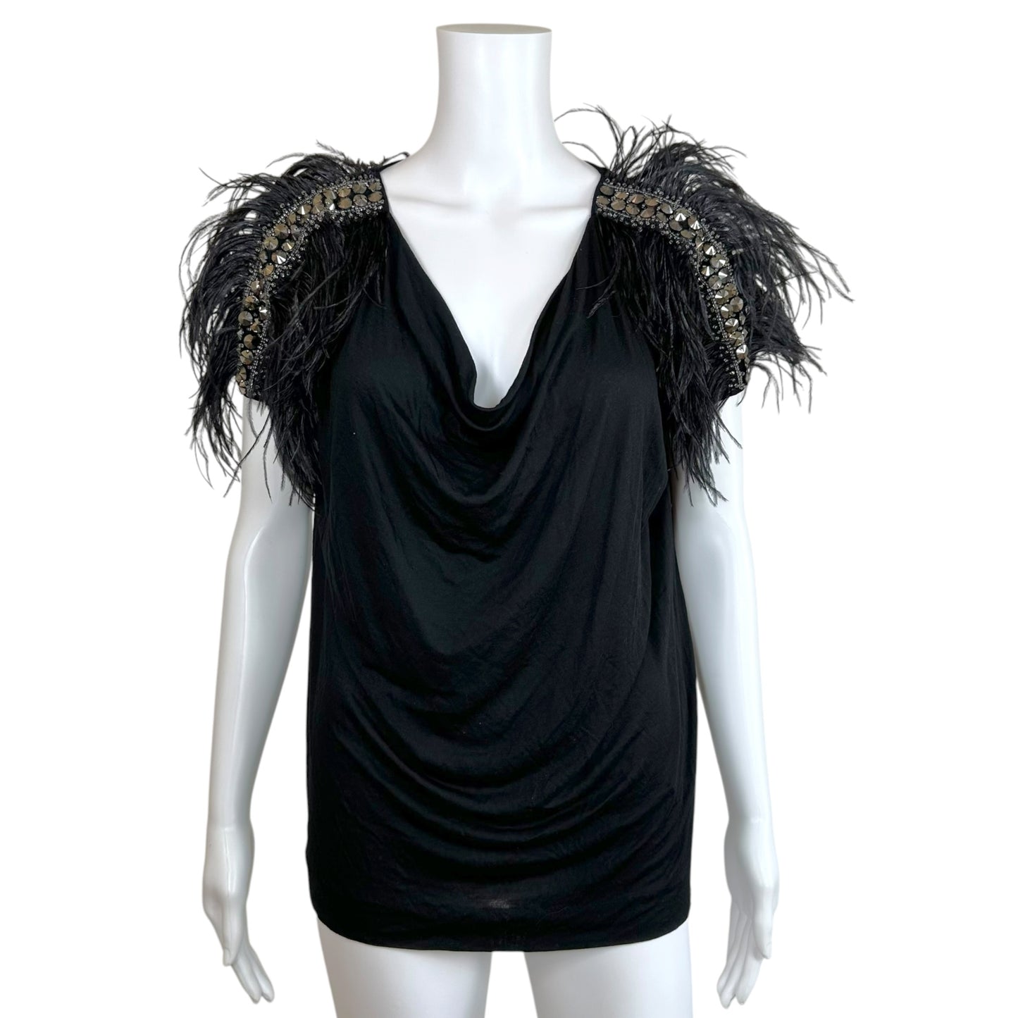 Emilio Pucci Black Cowl Neck Blouse Feather Trim