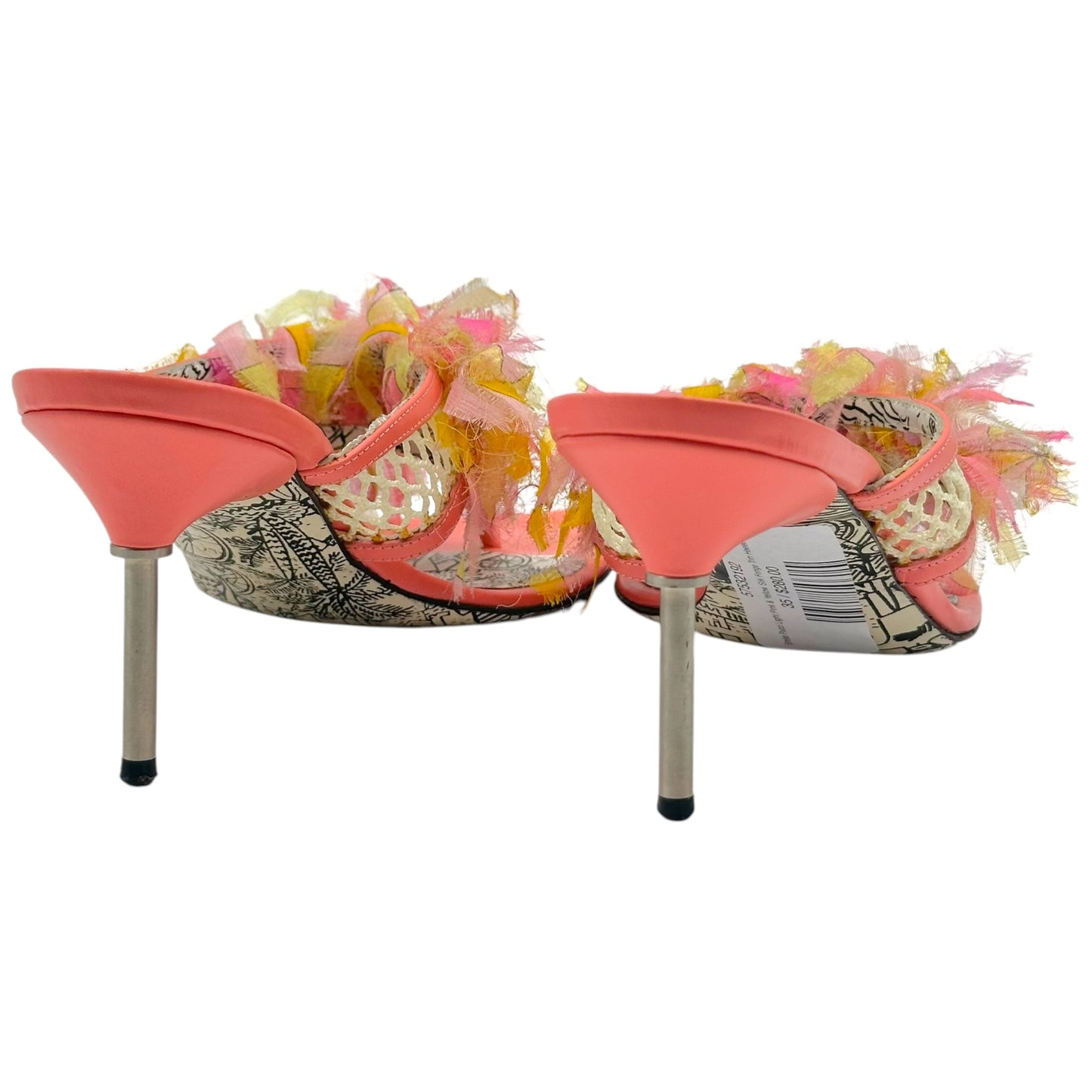 Emilio Pucci Light Pink & Yellow Silk Fringe Trim Heeled Flip Flops