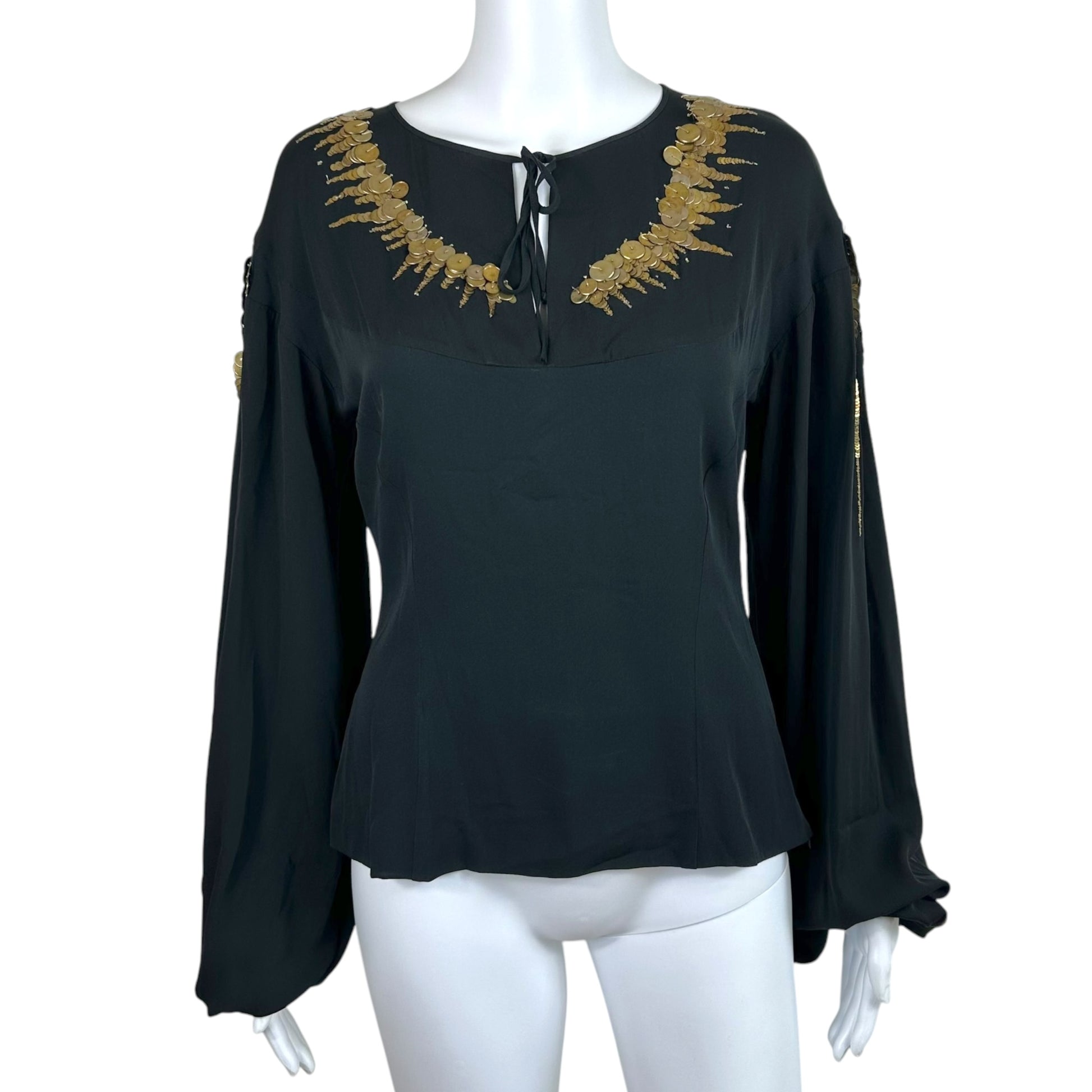 Emilio Pucci Silk Peasant Blouse Black Gold Beaded