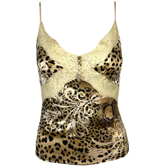 Roberto Cavalli 2006 Leopard & Python Print Lace Trim Silk Cami