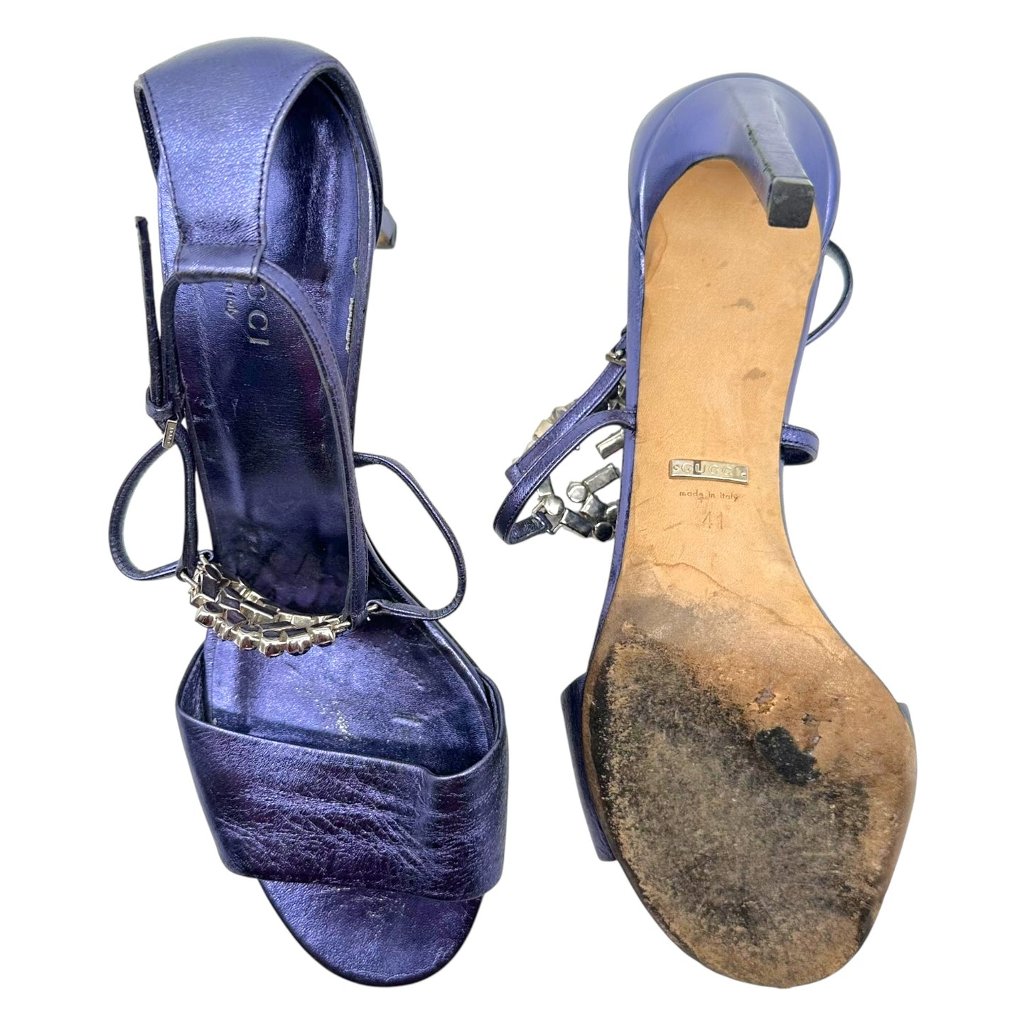 Gucci Purple Metallic Crystal GG Logo Sandal Heels
