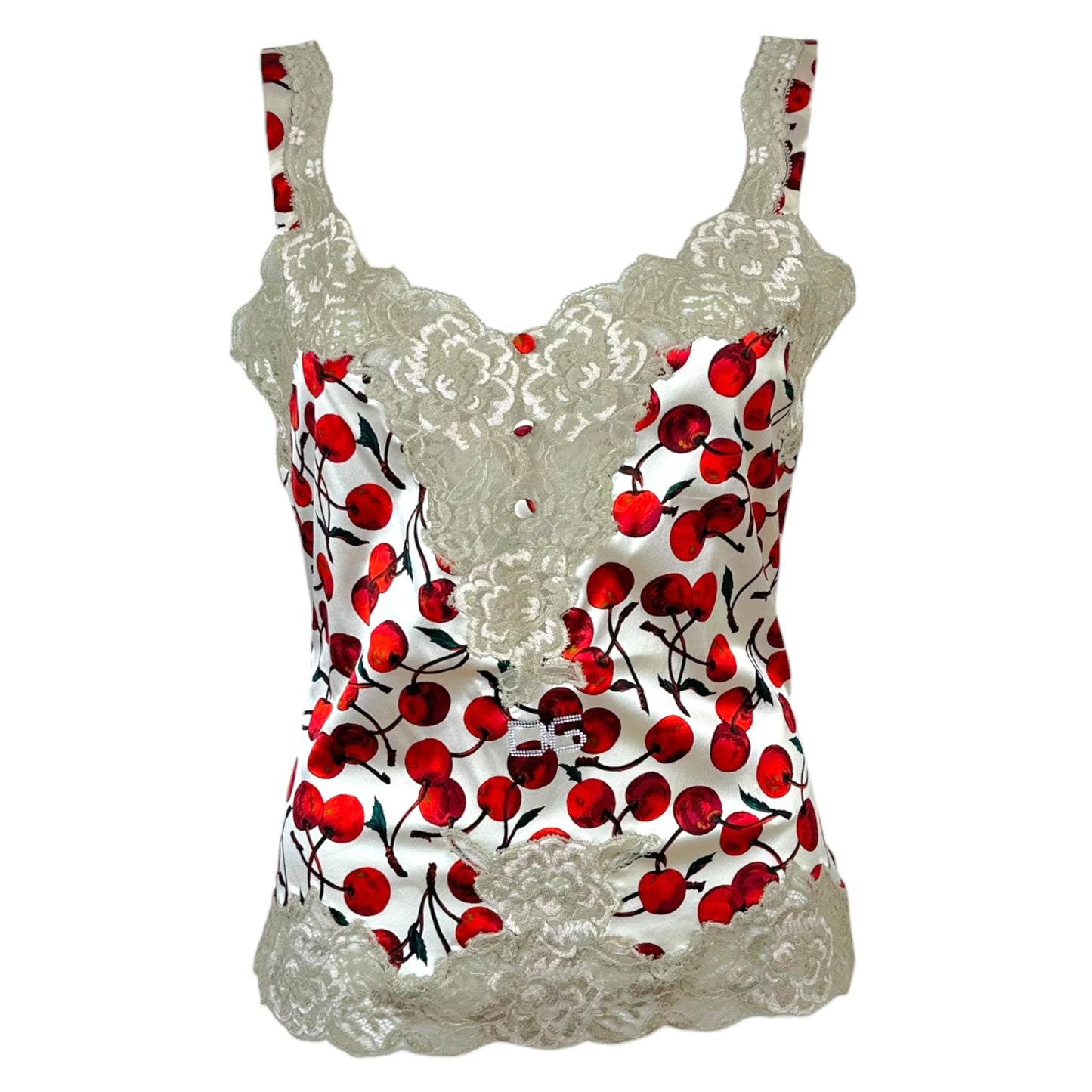 Dolce & Gabbana Cherry Print Silk Lace Trim Rhinestone Logo Cami Top