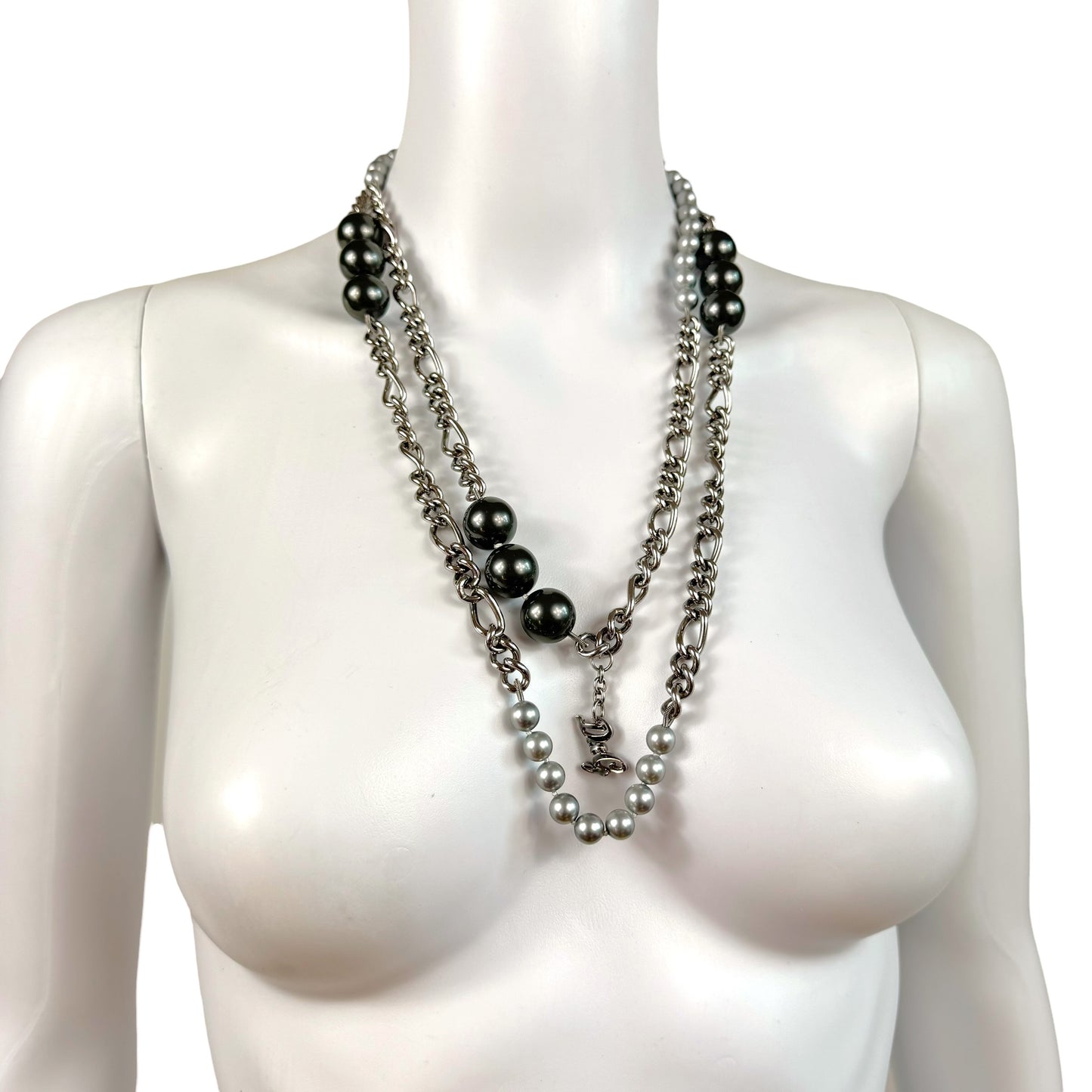 D&G Dolce & Gabbana Silver Pearl & Chain Wrap Necklace