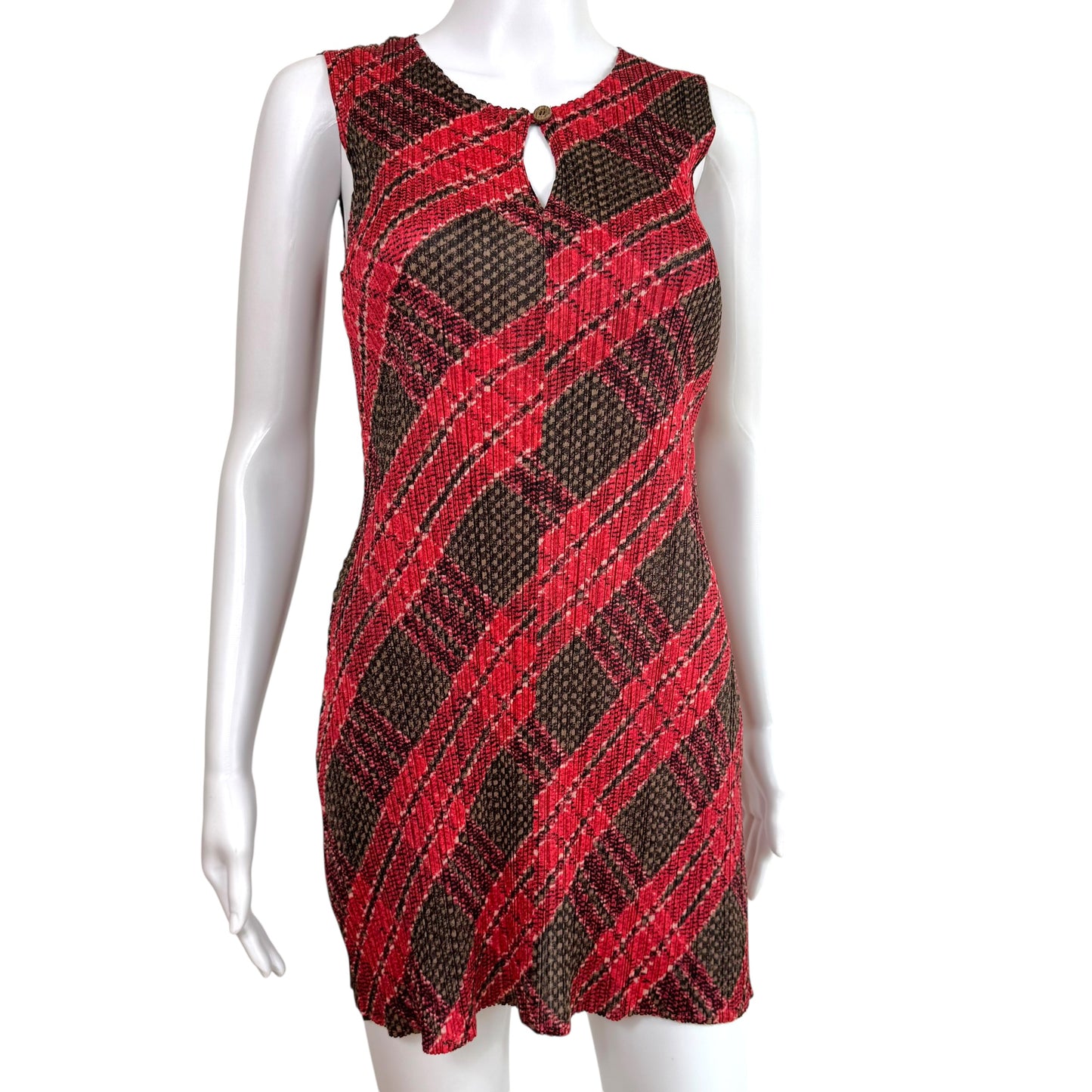 Issey Miyake Pleats Please Red & Gray Plaid Print Pleated Mini Dress Sz 3