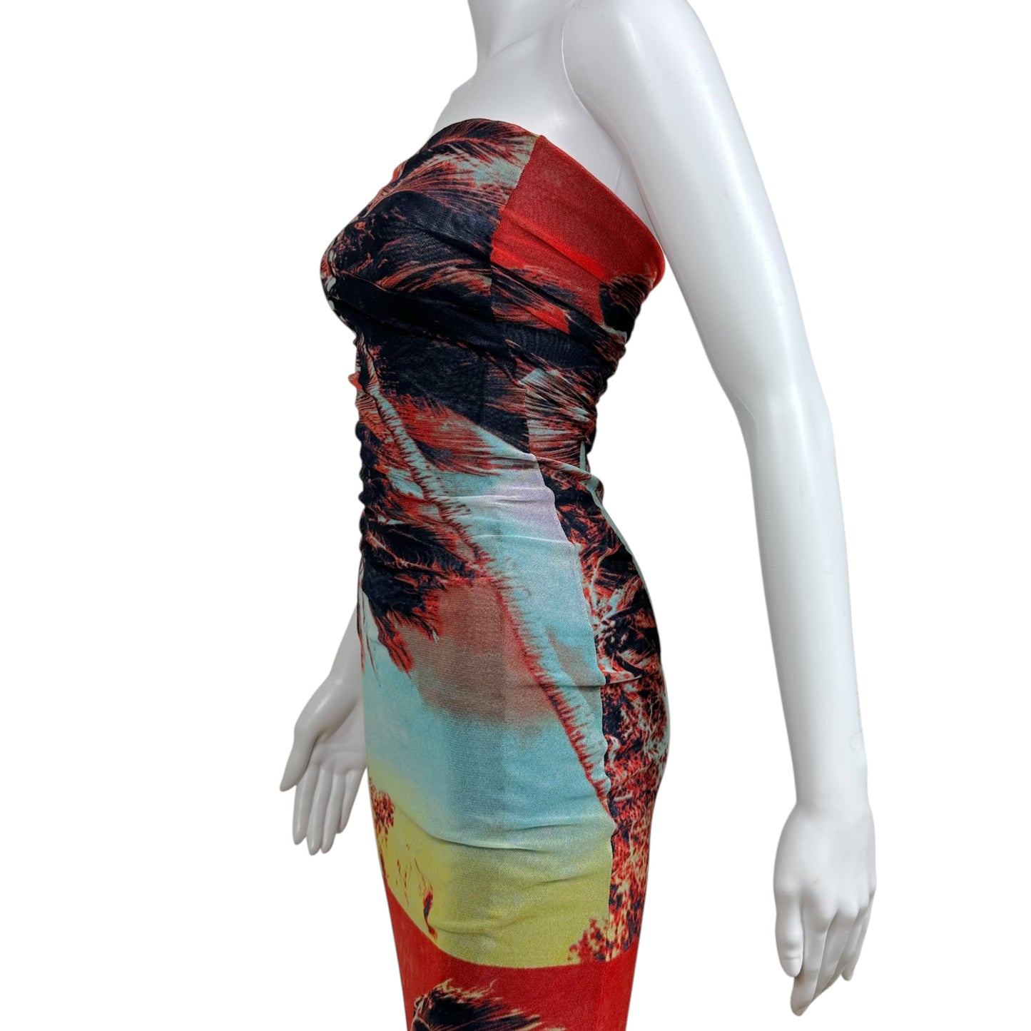 Jean Paul Gaultier Maxi Dress Palm Tree Print Strapless Red