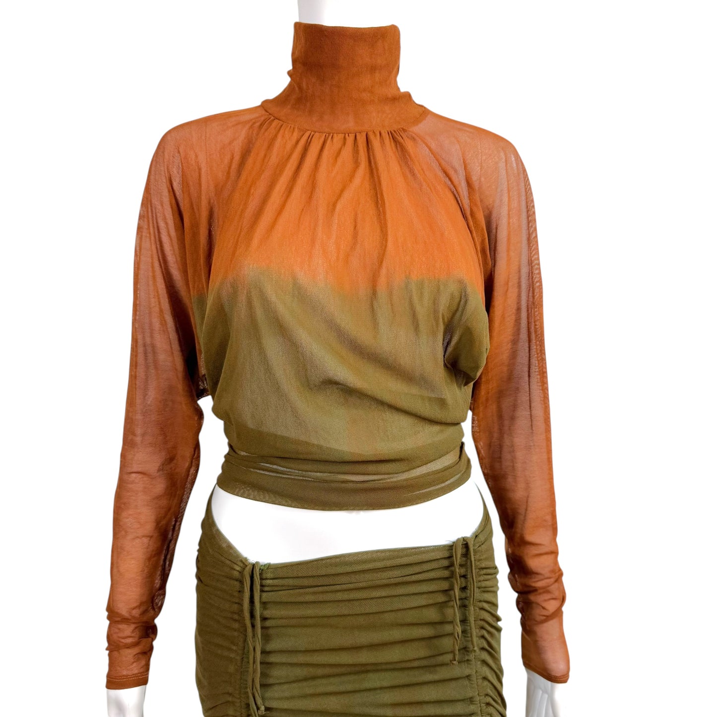 Plein Sud Sun Brown & Green Ombre Mesh Turtleneck Midi Skirt Set