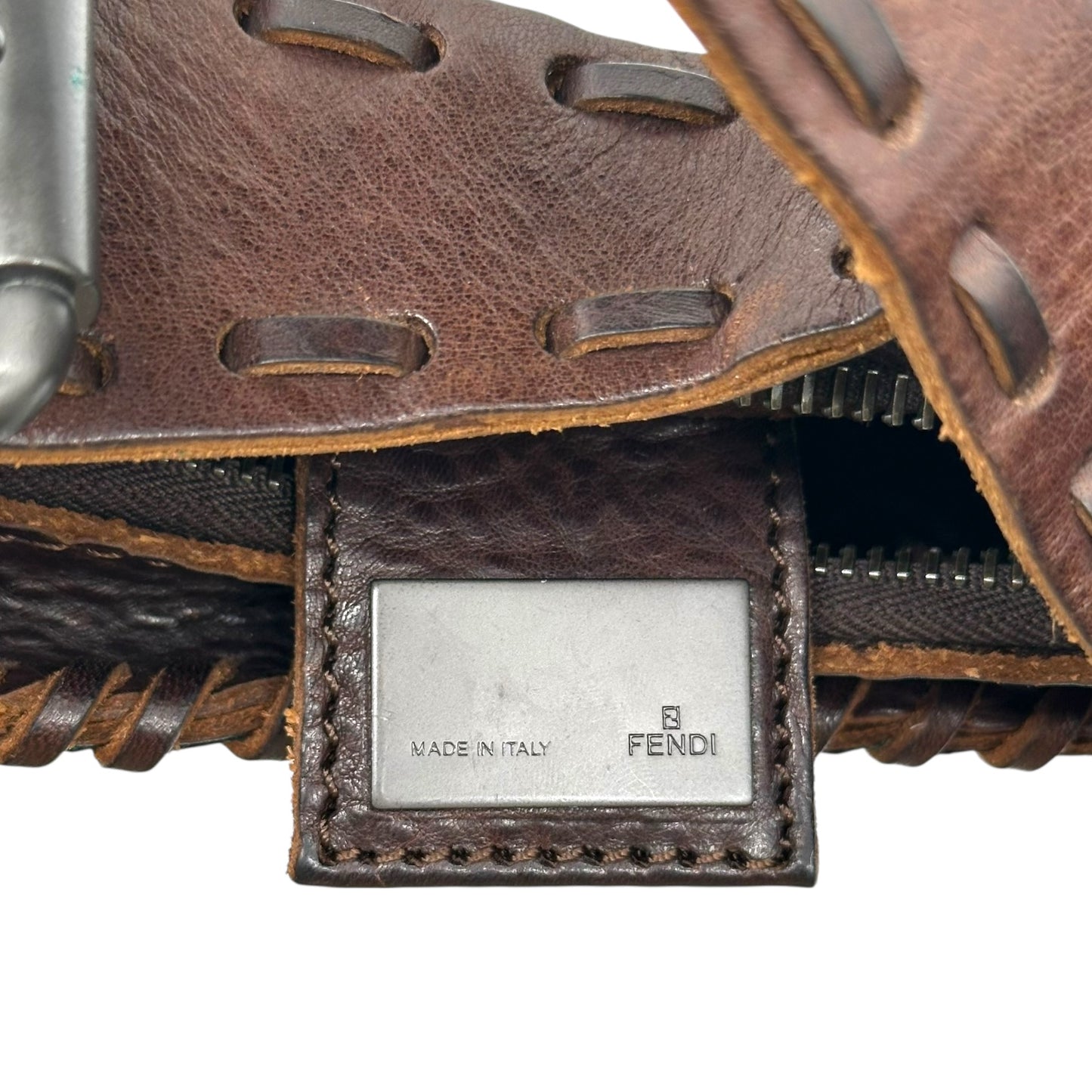 Fendi Dark Brown Woven Leather Oyster Bag