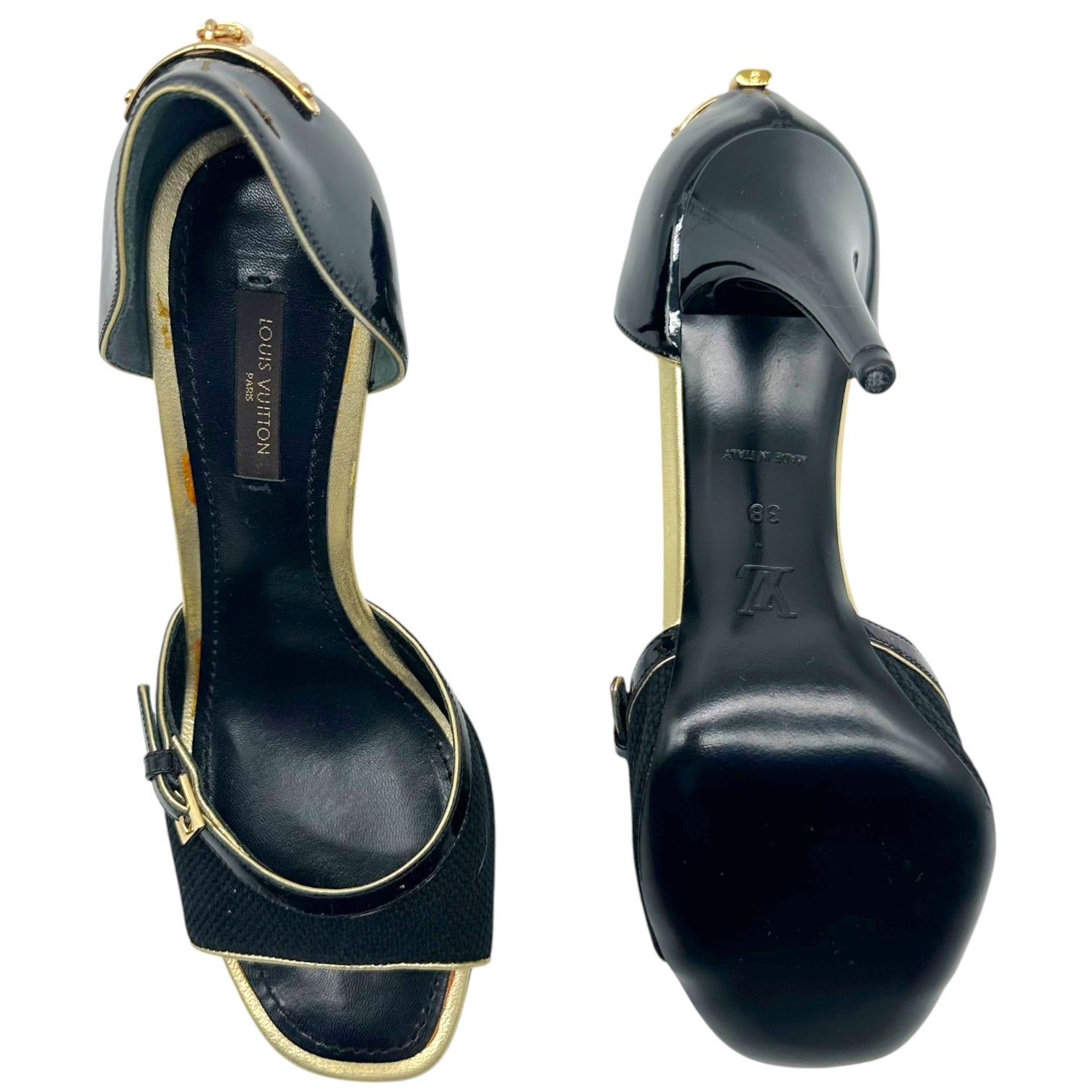 Louis Vuitton D'Orsay Sandal Heels Black Lizard Skin Gold