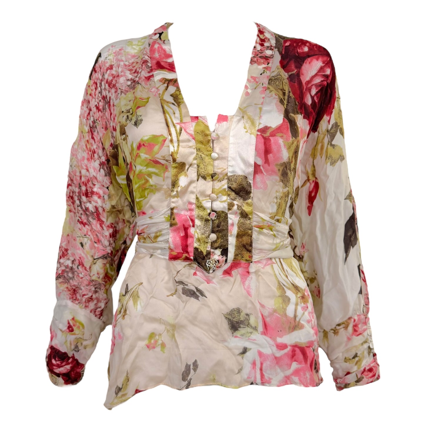 Roberto Cavalli Pink Floral Flowy Silk Wrap Blouse - Outfit Repeater