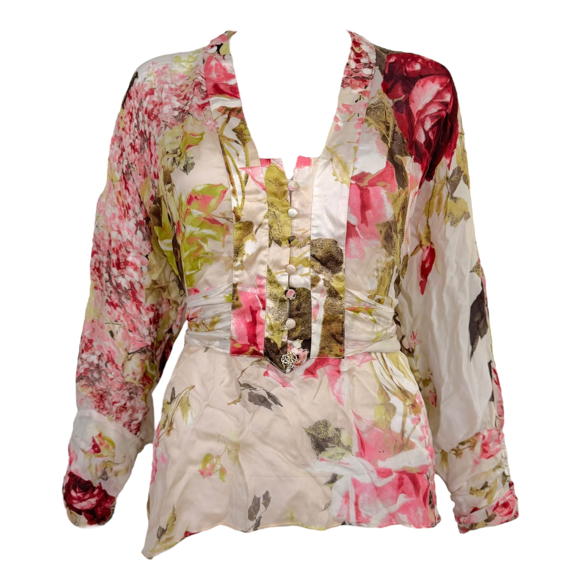 Roberto Cavalli Pink Floral Flowy Silk Wrap Blouse - Outfit Repeater