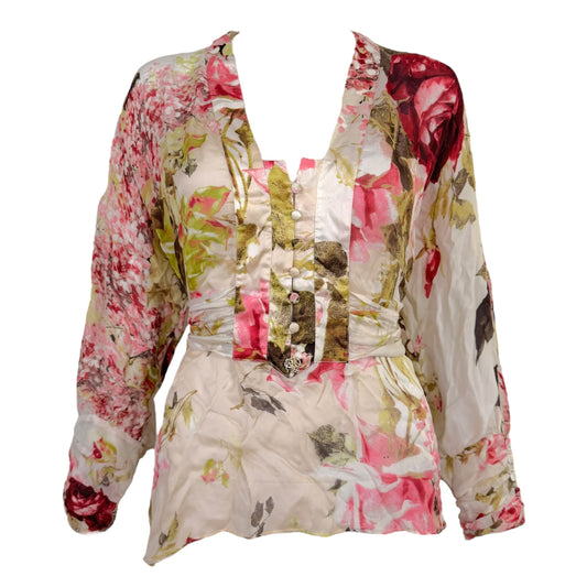 Roberto Cavalli Pink Floral Flowy Silk Wrap Blouse - Outfit Repeater