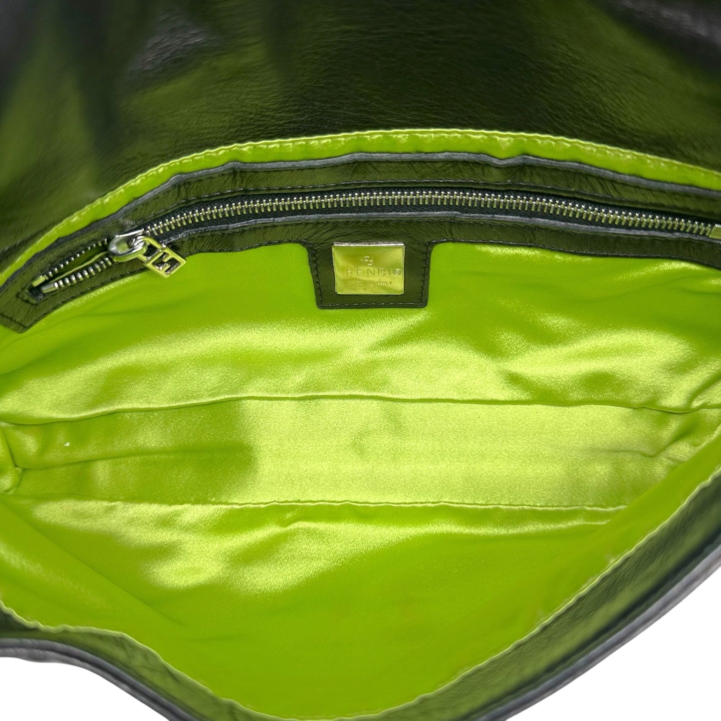 Fendi Black Lambskin Baguette Shoulder Bag with Green Buckle