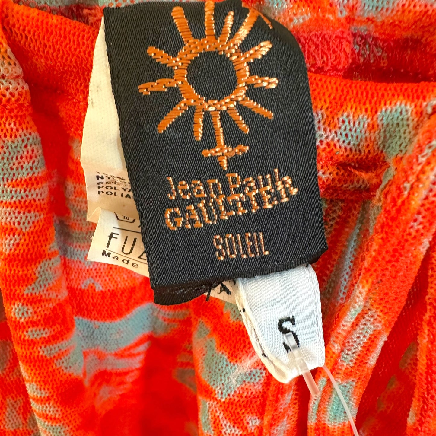 Jean Paul Gaultier Soleil Orange Mesh Printed Off-Shoulder Cinch Waist Mini Dress