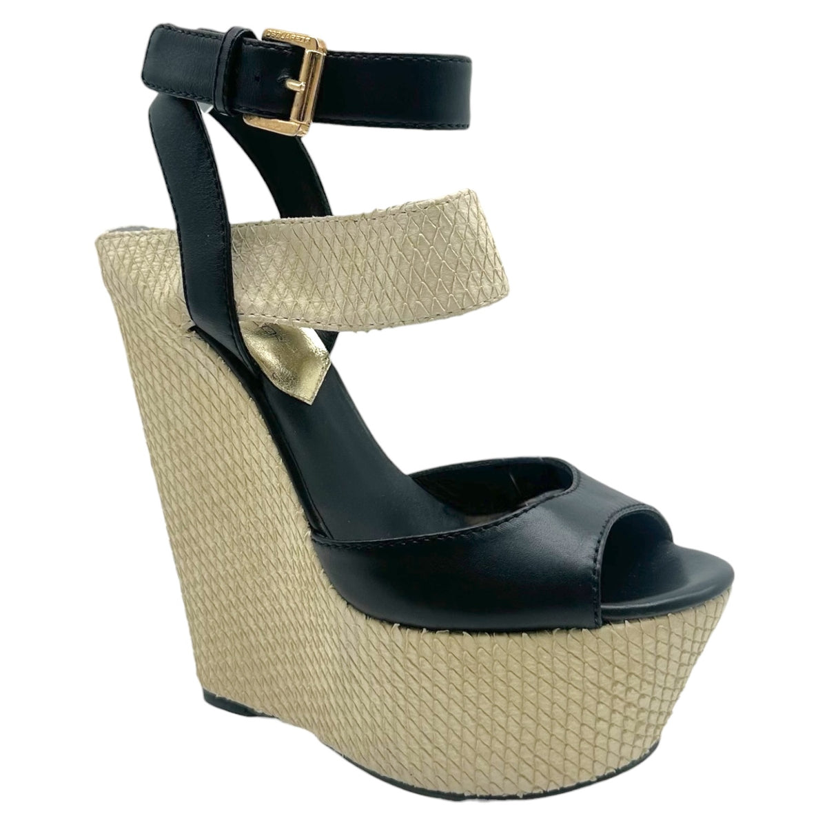 Dsquared2 Ivory Snakeskin Black Leather Platform Wedge Sandals
