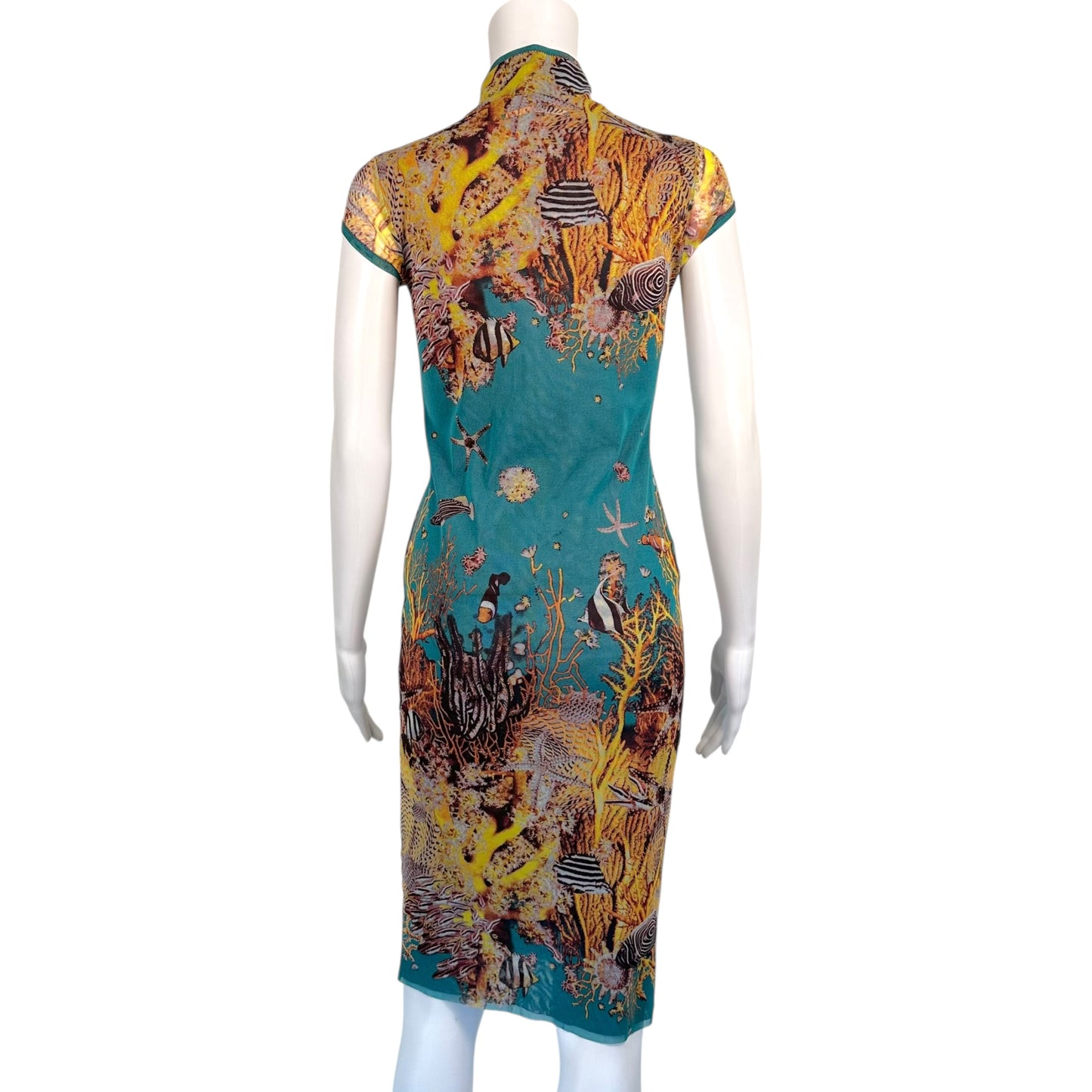 Jean Paul Gaultier Turquoise Fish Print Mesh Chinosoire Midi Dress