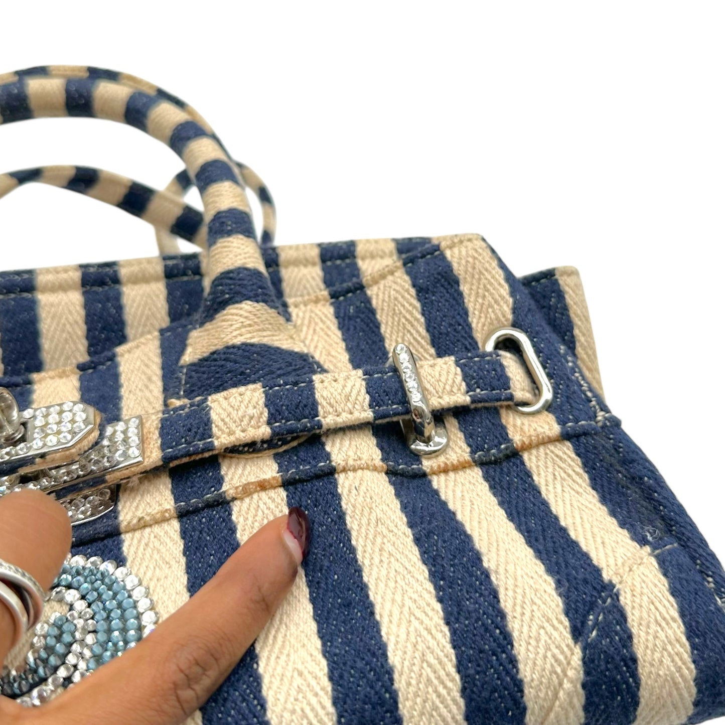 Tsuru Navy Ivory Striped Rhinestone Firkin Bag