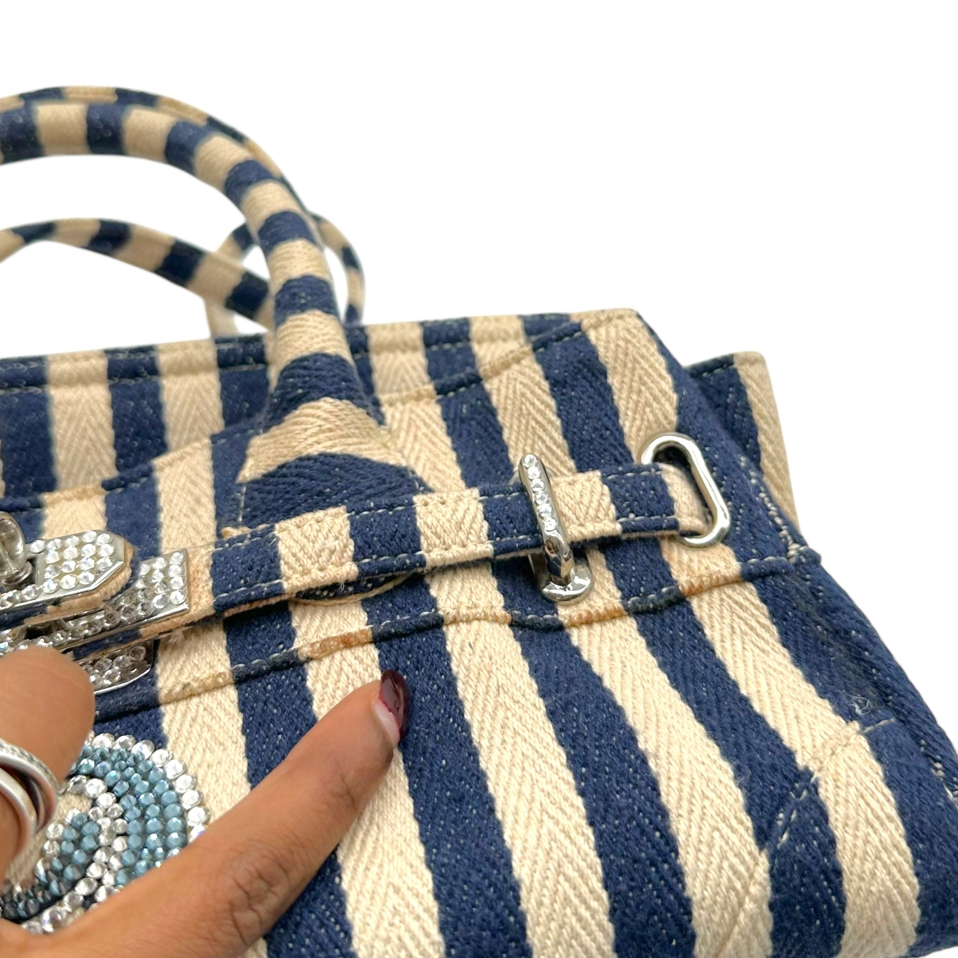 Tsuru Navy Ivory Striped Rhinestone Firkin Bag