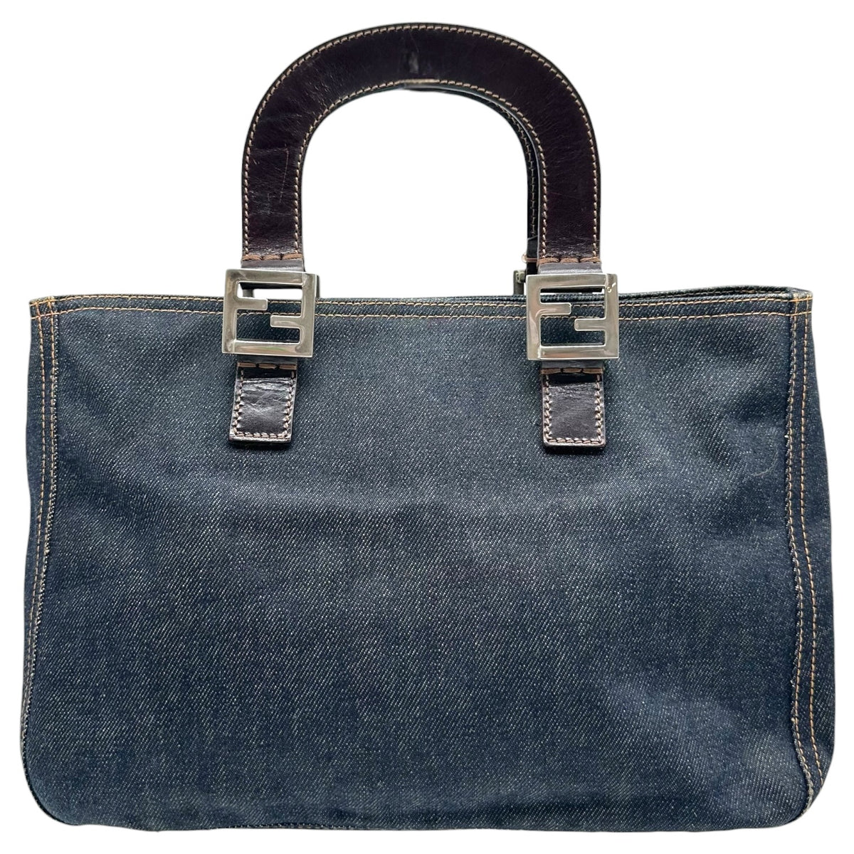 Fendi Small Tote Handbag Denim Brown Leather