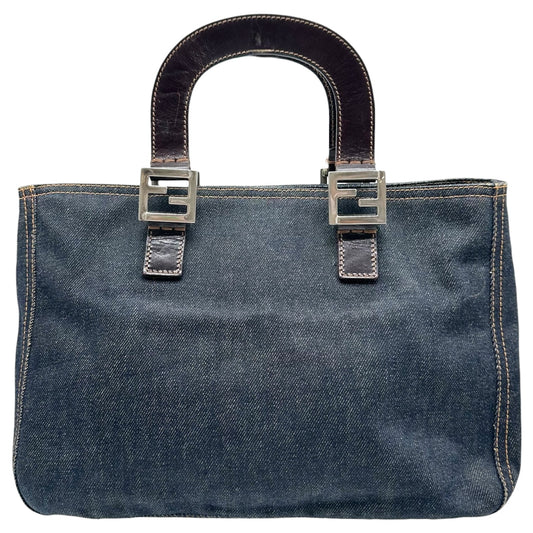 Fendi Small Tote Handbag Denim Brown Leather