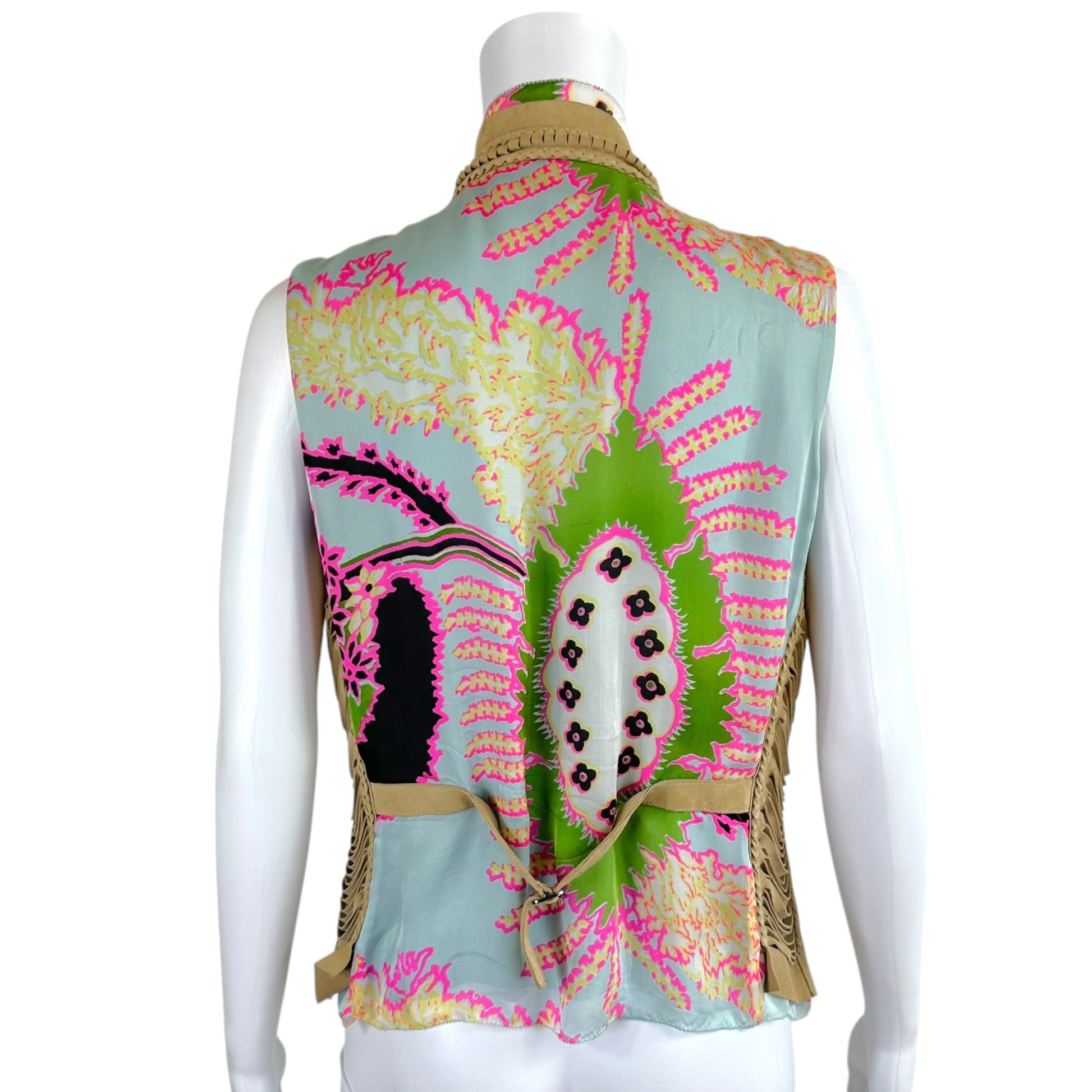 Roberto Cavalli Tan Suede Fringe Printed Silk Vest