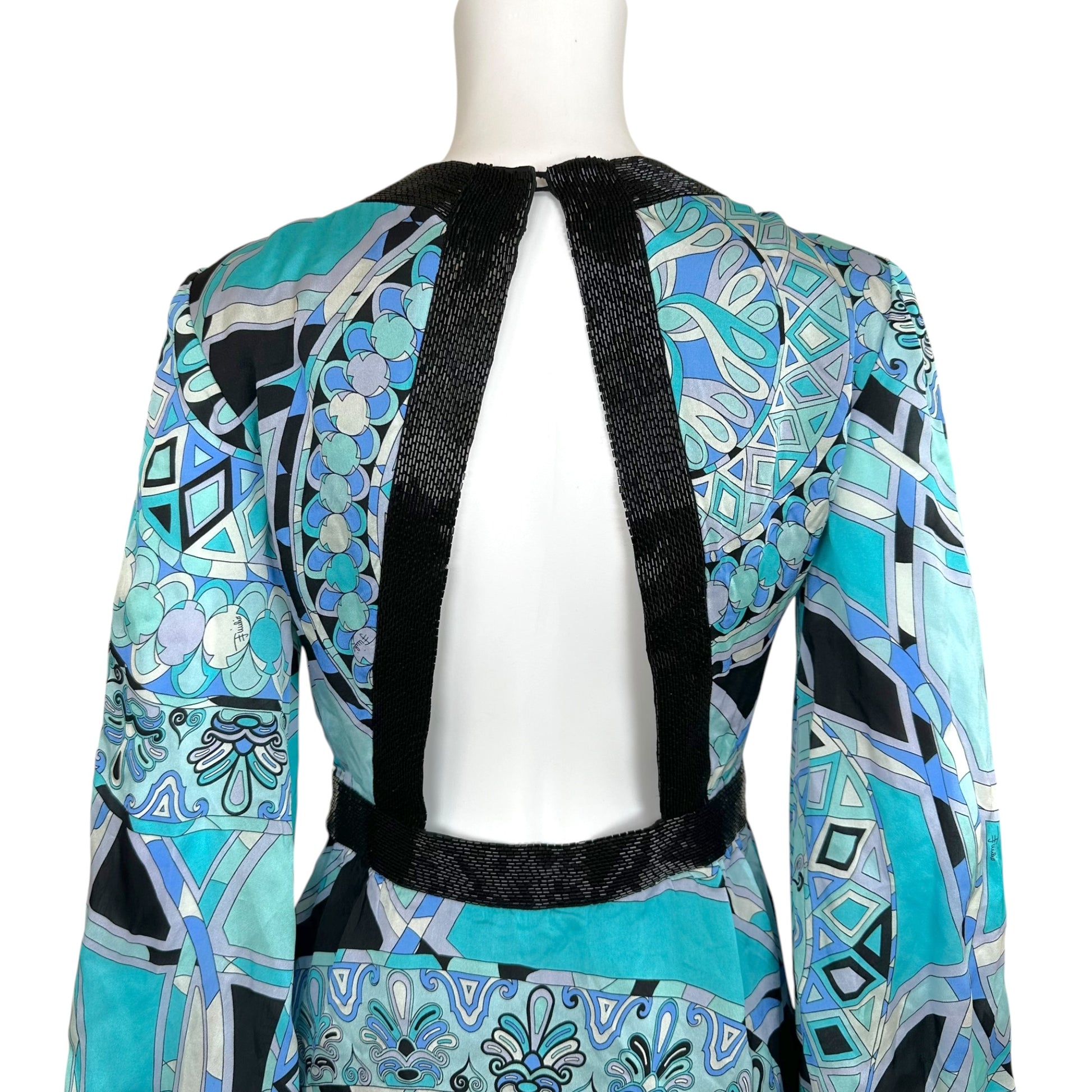 Emilio Pucci Silk Blue Black Printed Open-Back Mini Dress