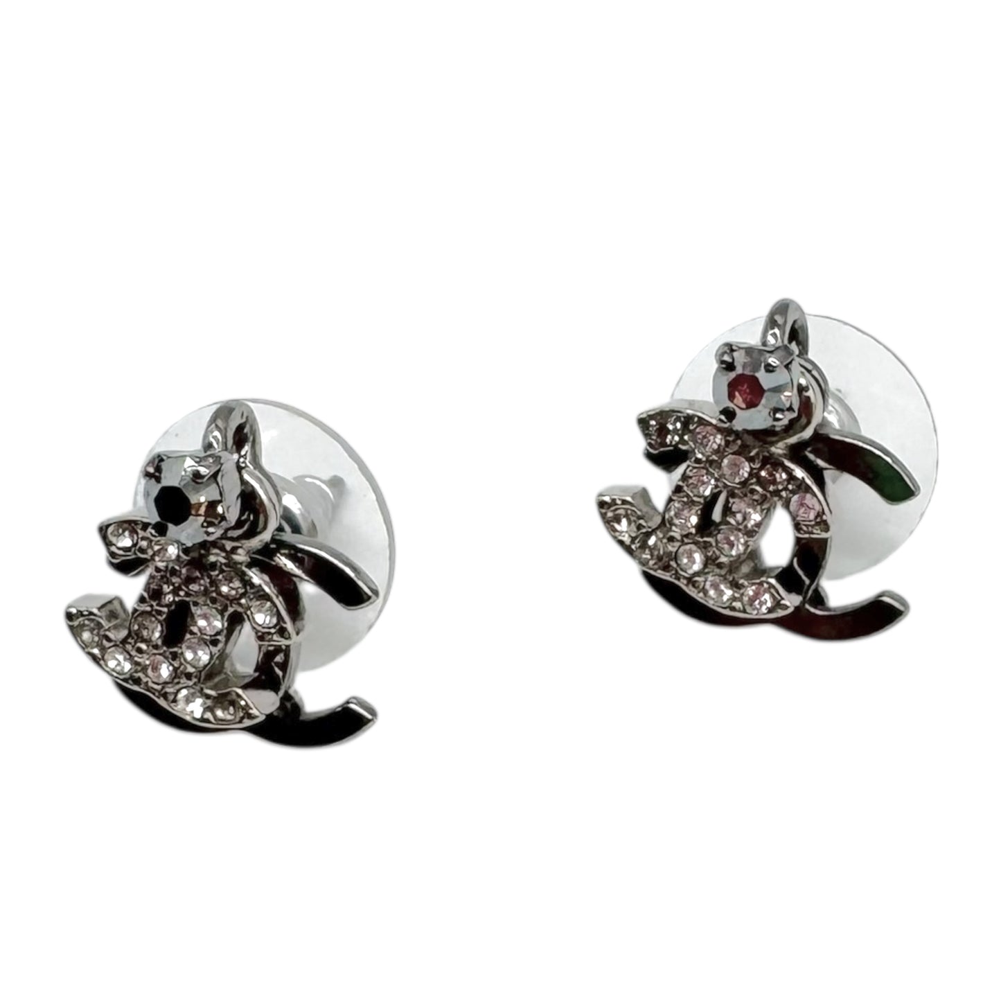 Chanel Gunmetal & Crystal Dangly Double Logo Stud Earrings