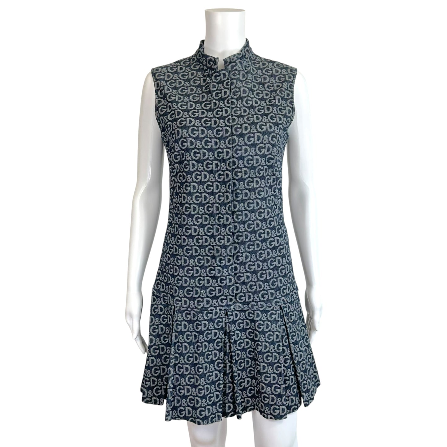 D&G Dolce & Gabbana Denim Logo Print Pleated Mini Dress