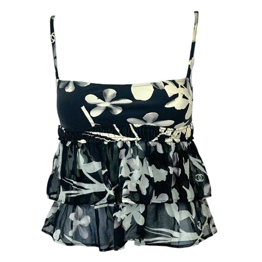 Chanel 2004 Floral Print Black & White Babydoll Cropped Open Back Tank