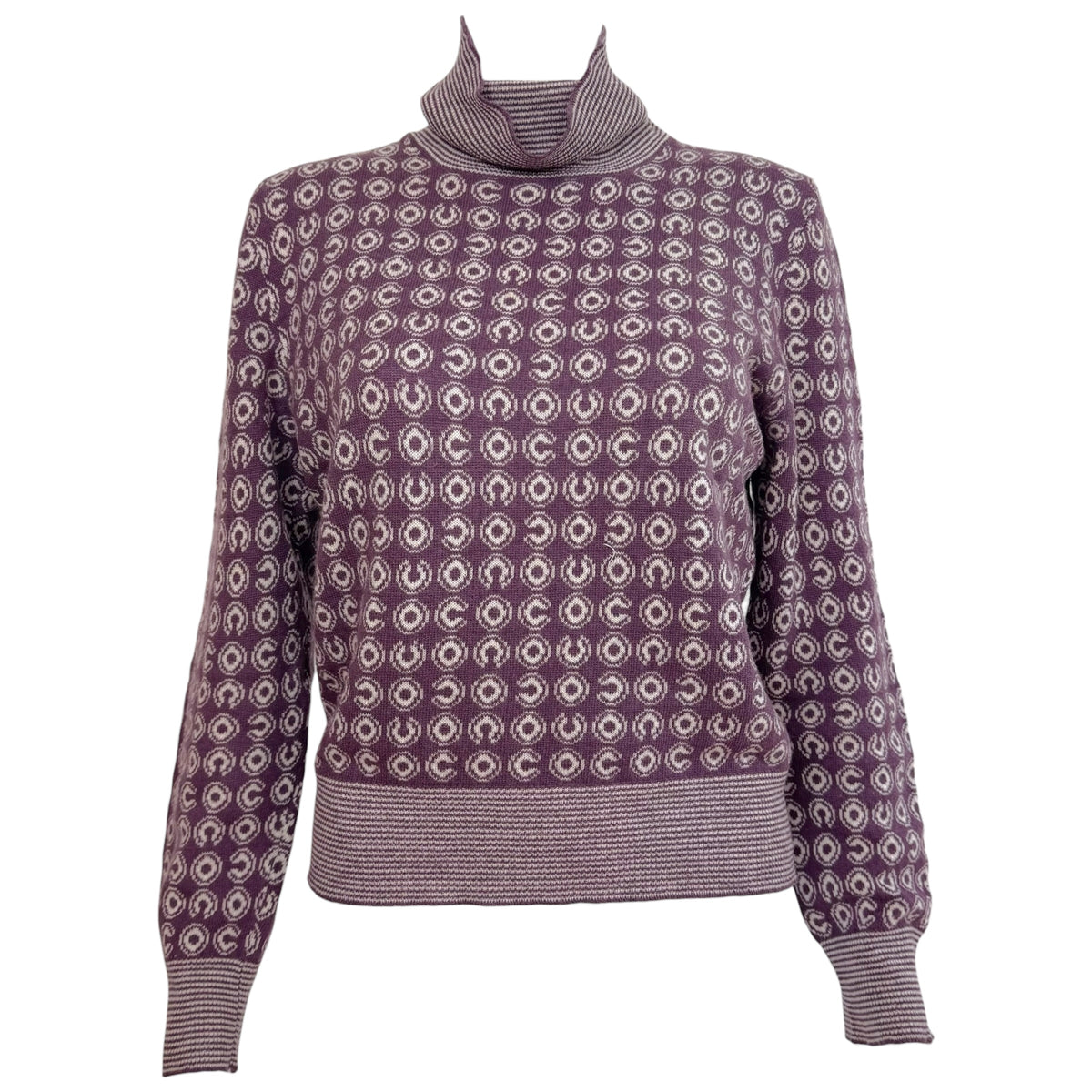 Chanel Knit Turtleneck Sweater Purple White Coco Logo