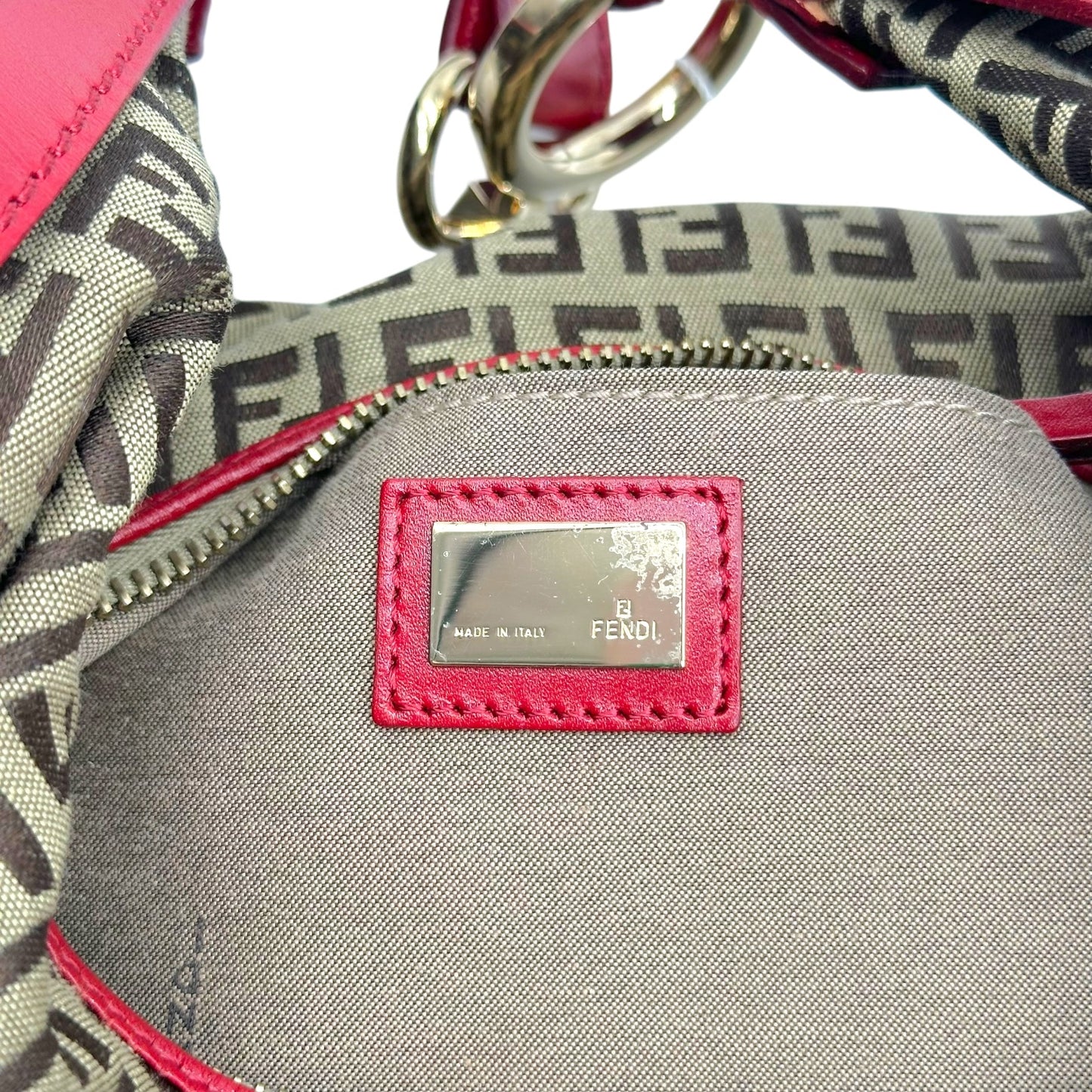 Fendi Tan Zucchino & Red Leather Crescent Hobo Shoulder Bag