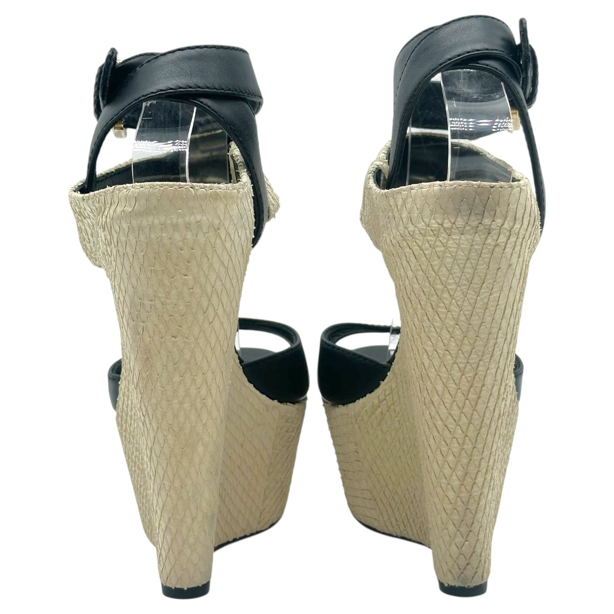 Dsquared2 Ivory Snakeskin Black Leather Platform Wedge Sandals