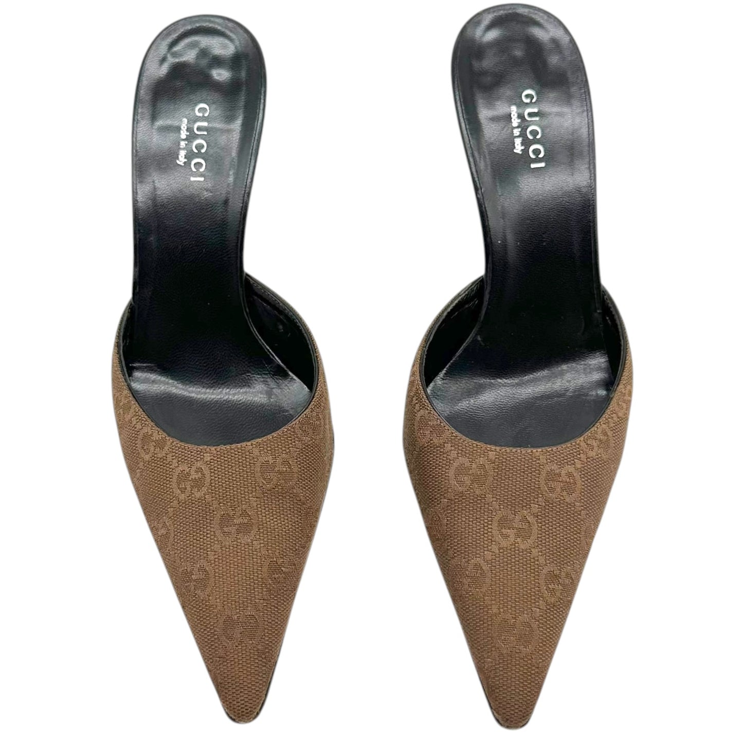 Gucci Tan Monogram Pointed Toe Kitten Heel Mules