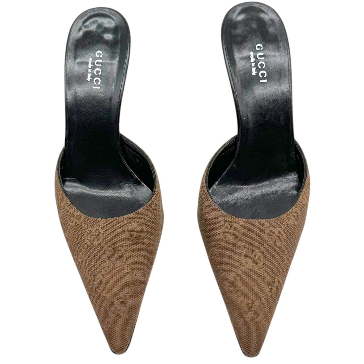 Gucci Tan Monogram Pointed Toe Kitten Heel Mules