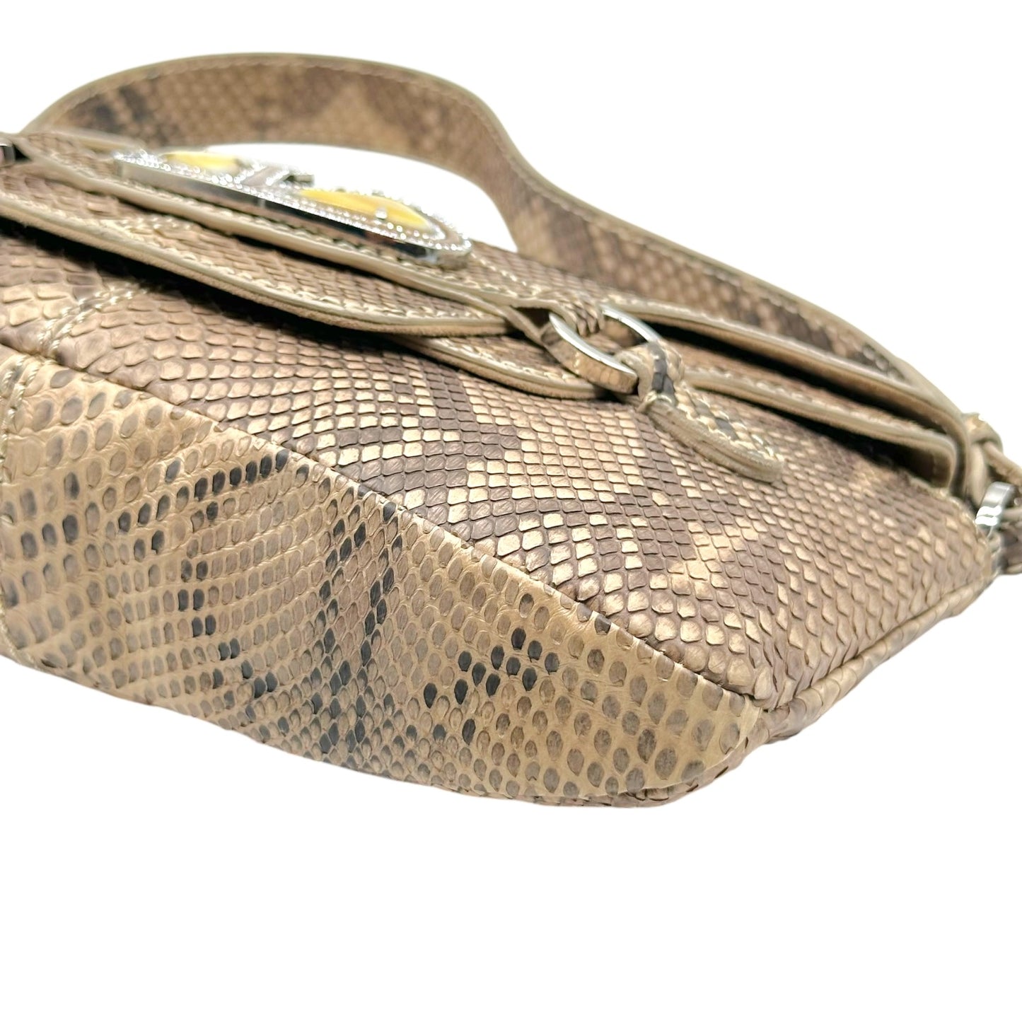Valentino Garavani Light Brown Python & Rhinestone Mother of Pearl Embellished Shoulder Bag